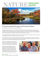 Cover of Spring 2024 magazine insert. On the left a selfie photo of two people in a kayak. On the right, a photo of a wooden boardwalk that extends out into a pond.