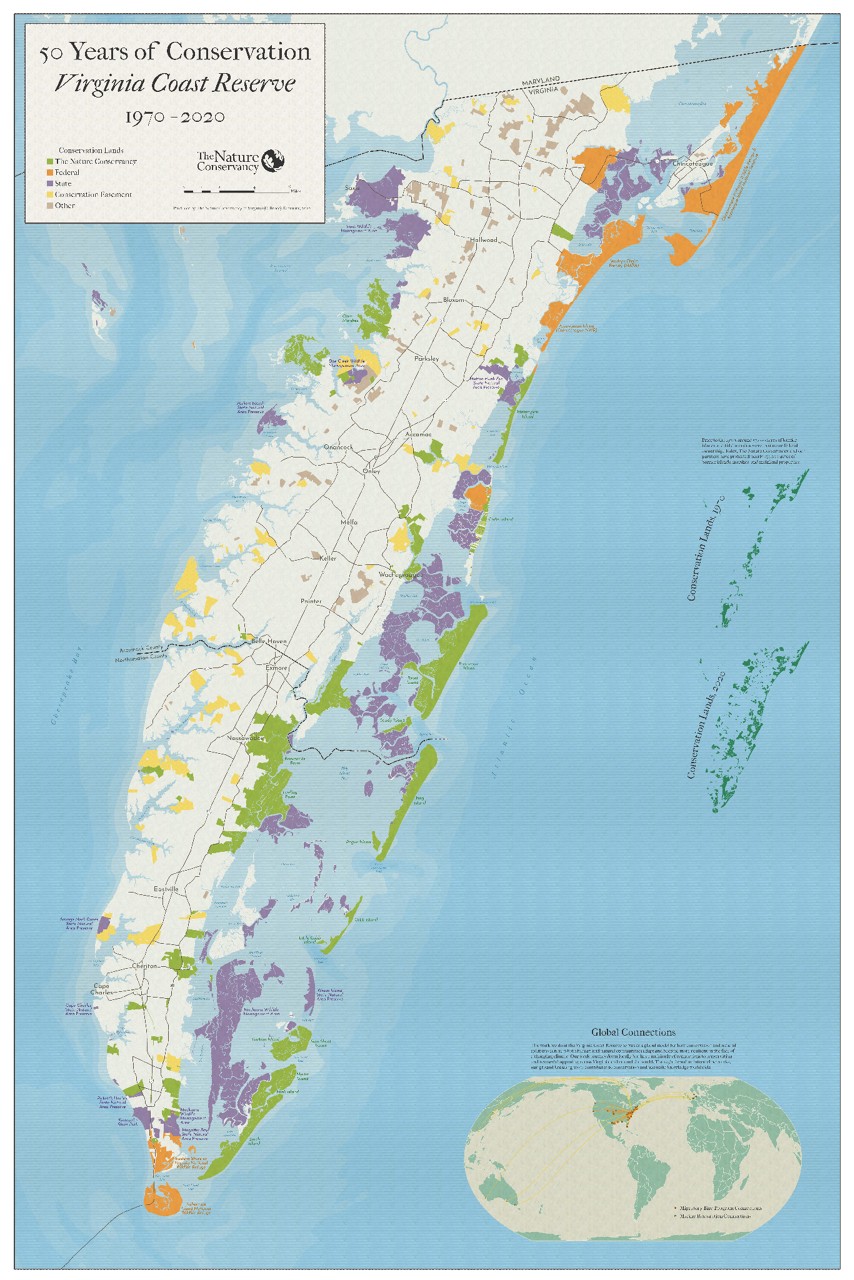 Illustrated, color map showing the Eastern Shore of VA.