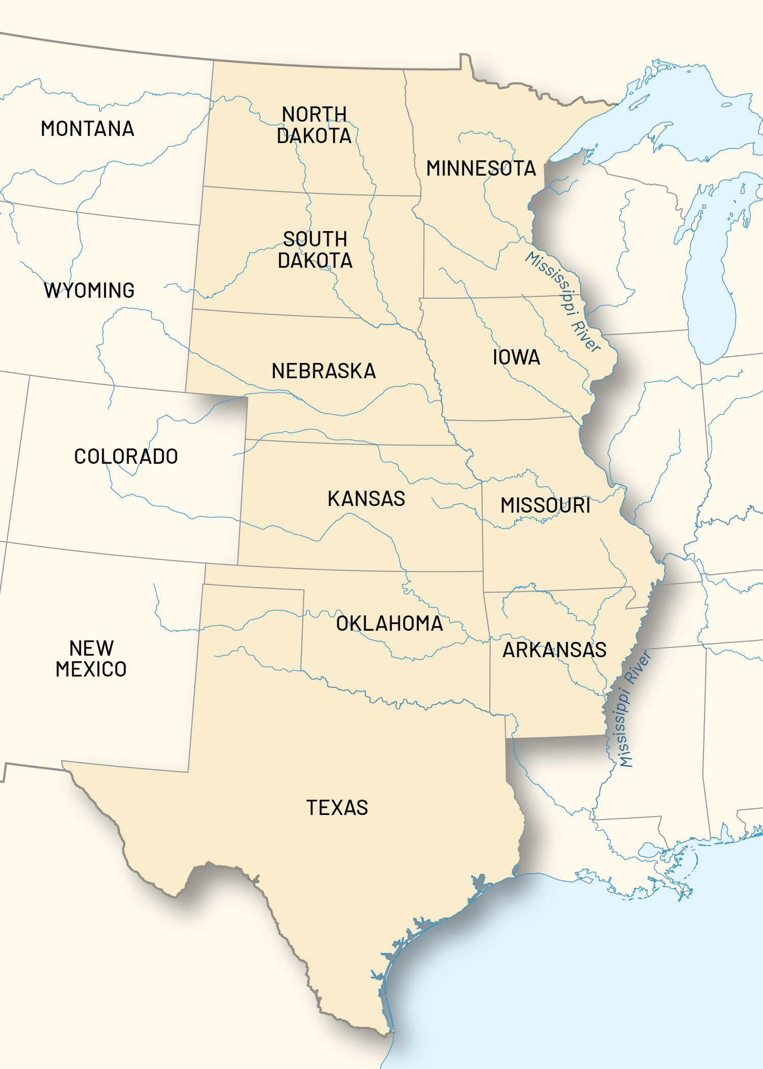 Map of the Great Plains: Minnesota, North Dakota, South Dakota, Iowa, Nebraska, Missouri, Kansas, Arkansas, Oklahoma, Texas.