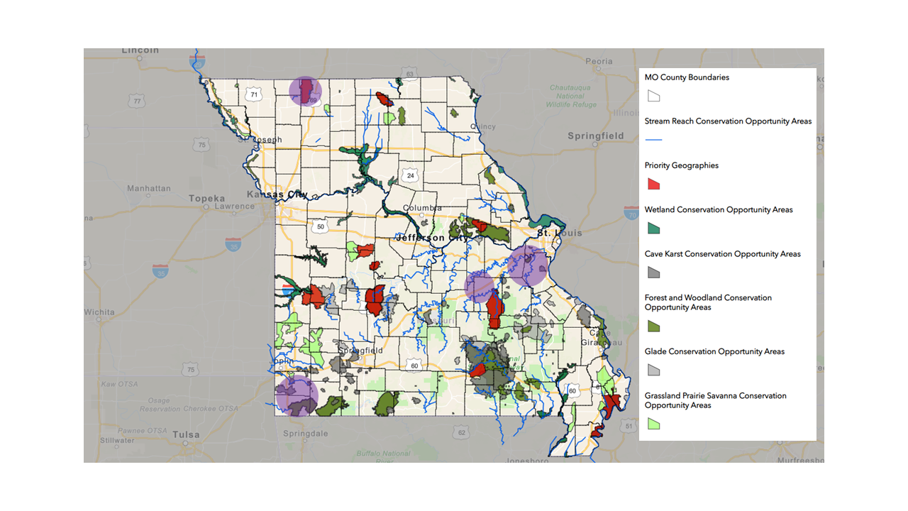 A map of Missouri with four circles, highlighting stream restoration projects. 