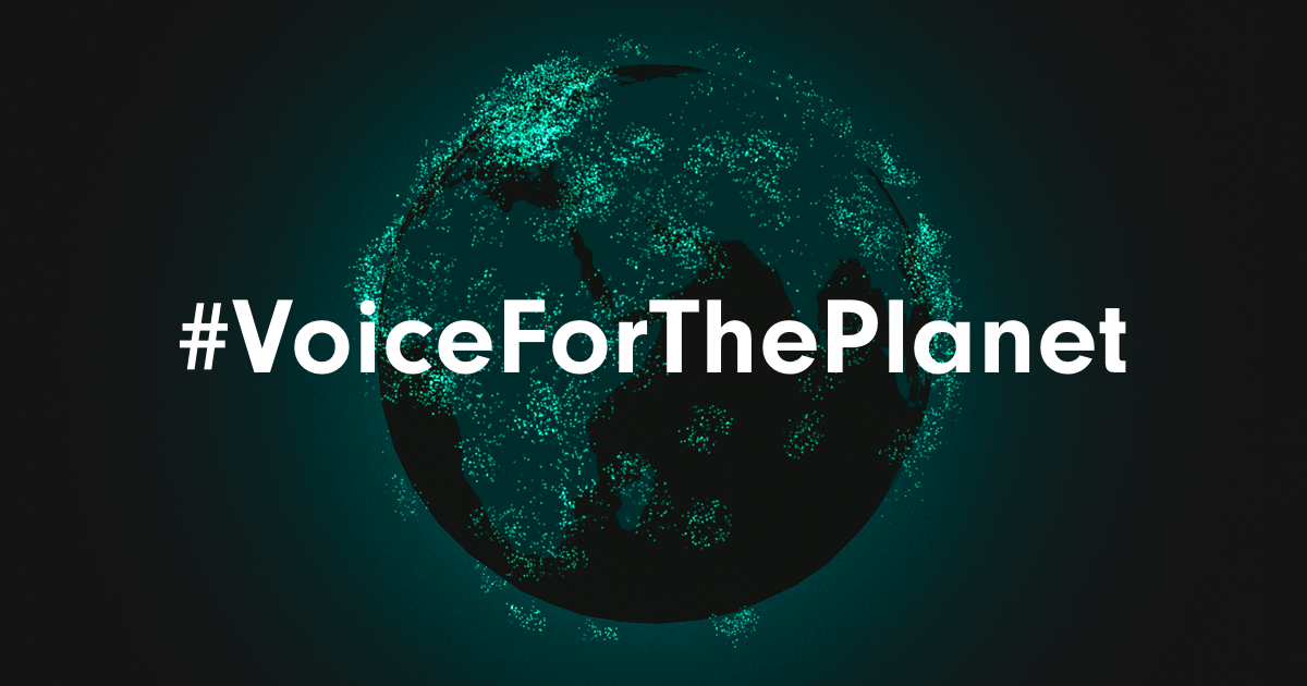 graphic of the earth with green dots and text that reads 'voice for the planet'