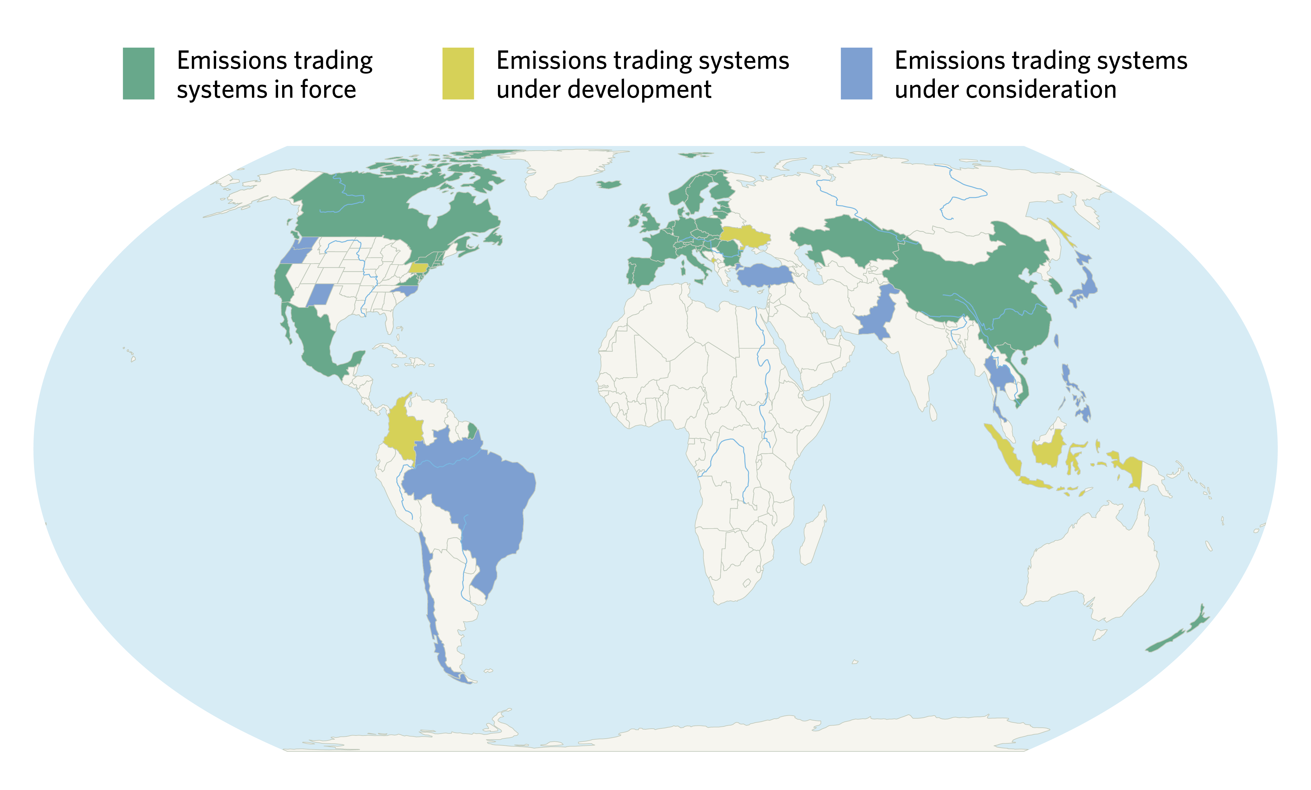 global map with various countries and states across the world highlighted in three different colors indicating emissions trading markets that already exist, are under development, or are under consideration