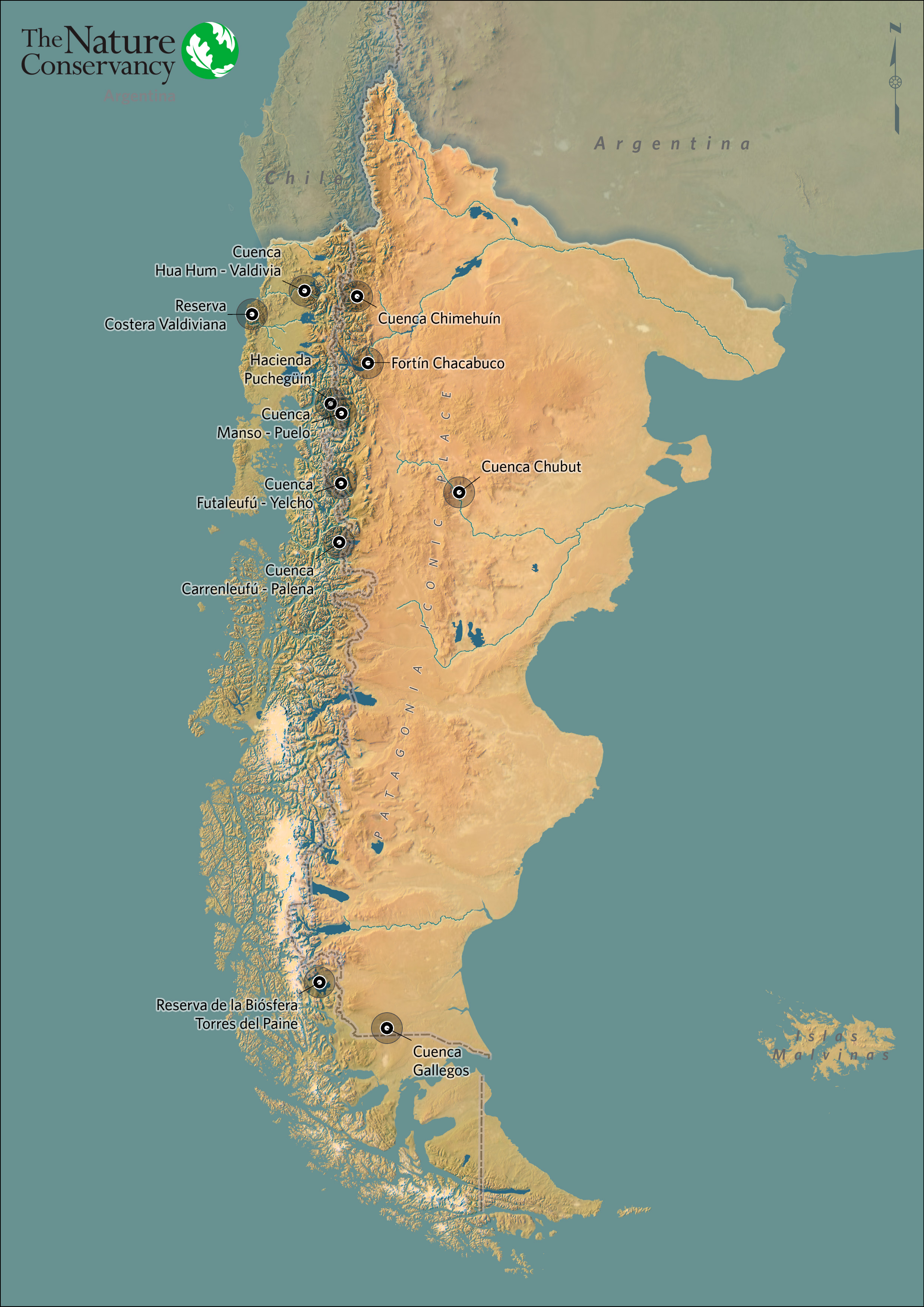 Mapa de Paisaje Icónico Patagonia con puntos de áreas de conservación. 