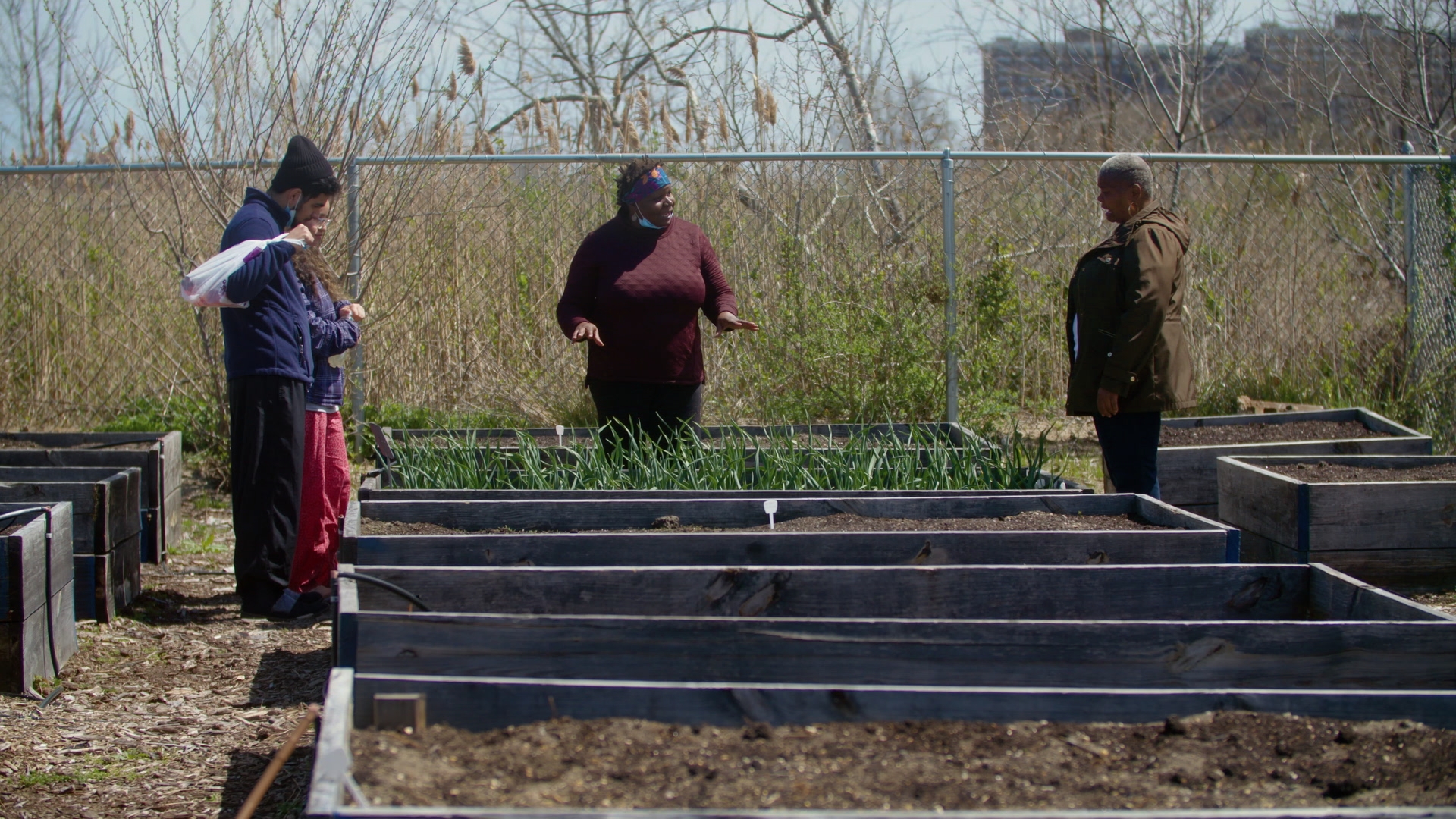 Two people standing over garden beds.