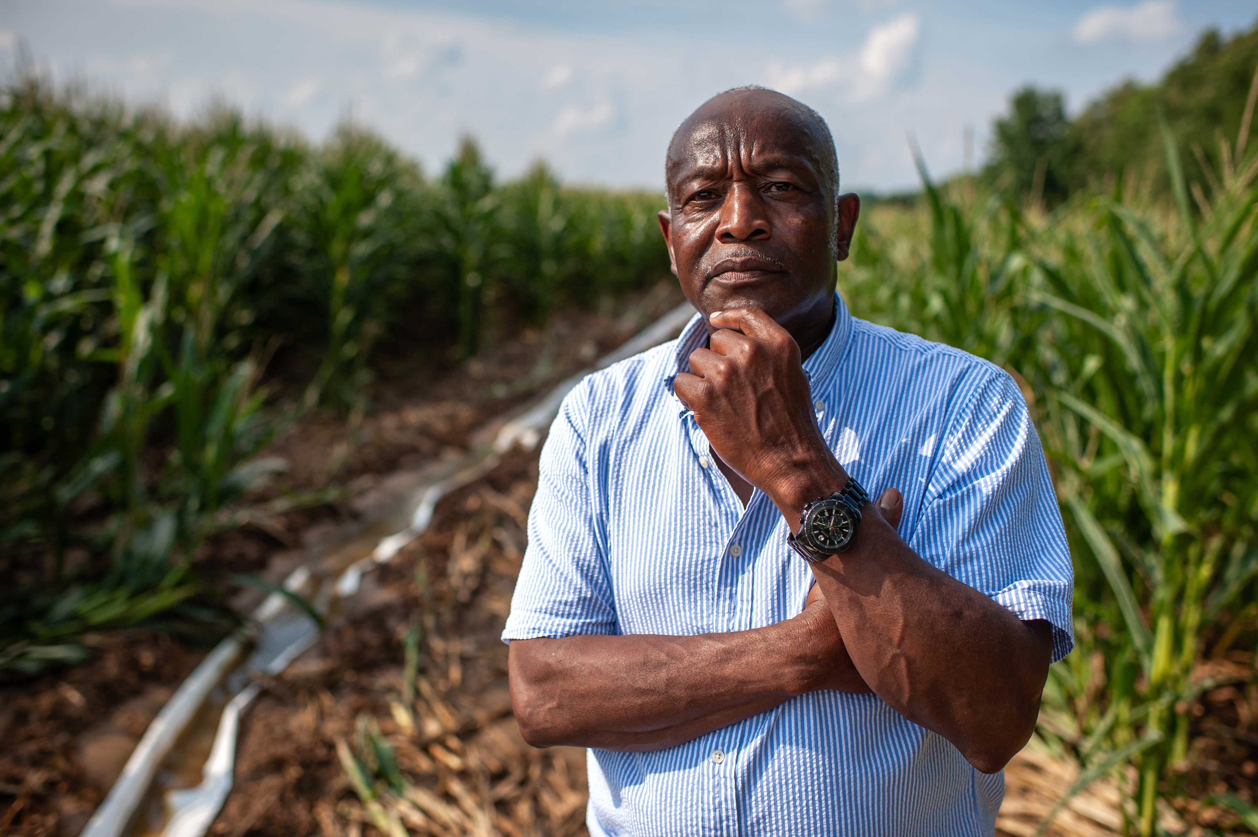 Wilbur Peer stands in an agricultural field with tall plants in it.