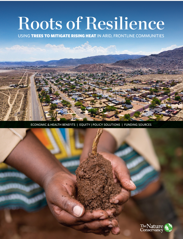 A report cover with a split image of an aerial view of an arid and mountainous area with housing development and an image of a person's hands holding a rooted seedling.