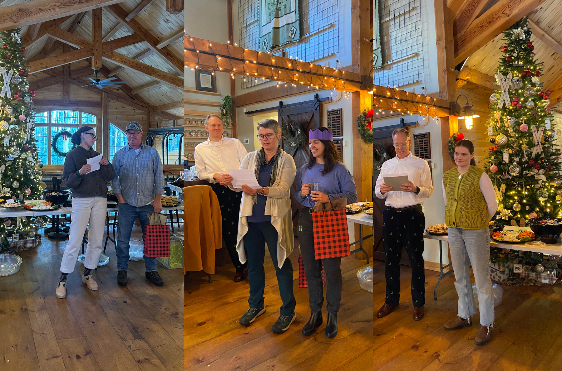 A collage of three photos, where each of the Golden Oak Award recipients are being presented their awards at the Massachusetts staff holiday party in December 2024.