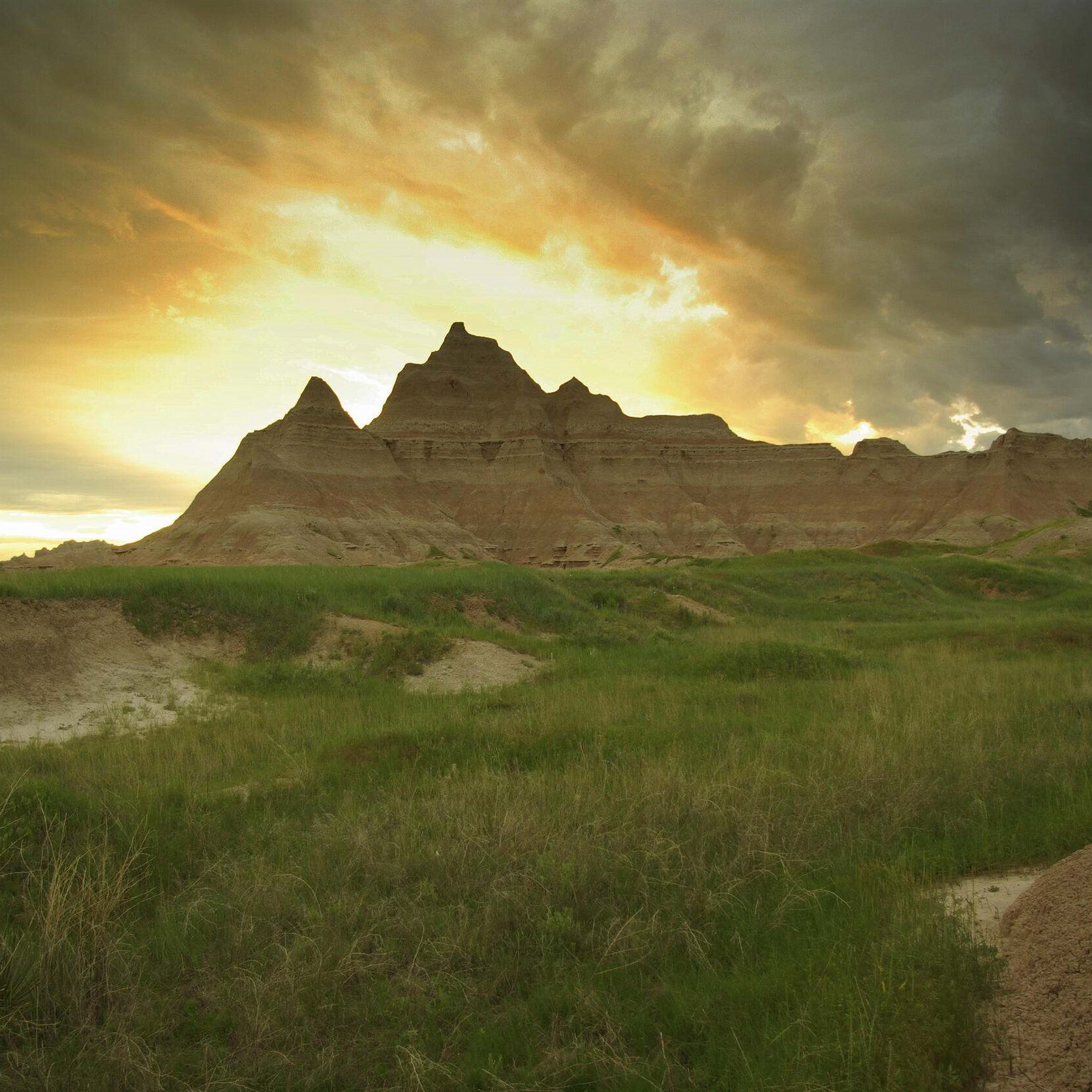 Sunset over South Dakota badlands.