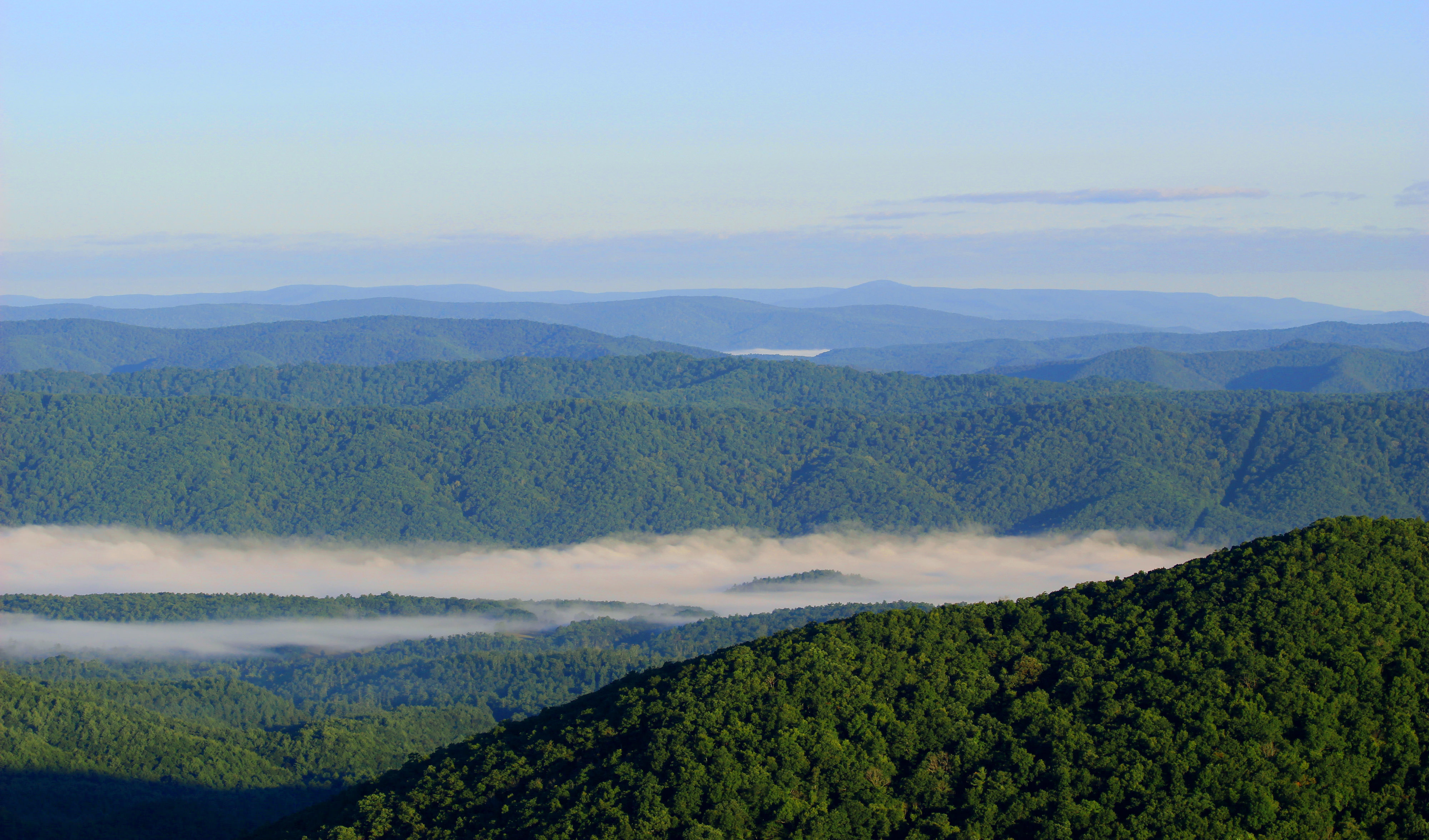 Seemingly endless green mountains with fog rolling through the middle. 