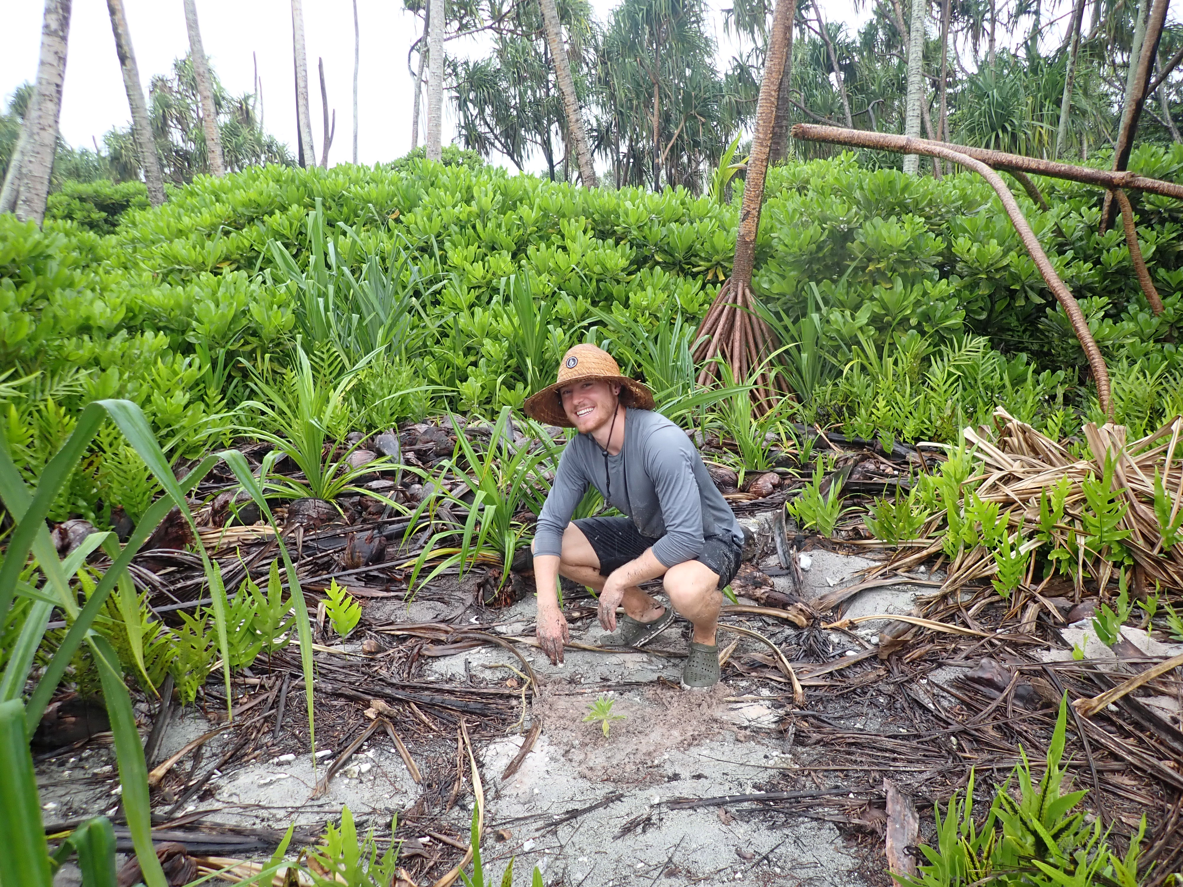 A man kneels on rocks surrounded by green shrubs and trees.