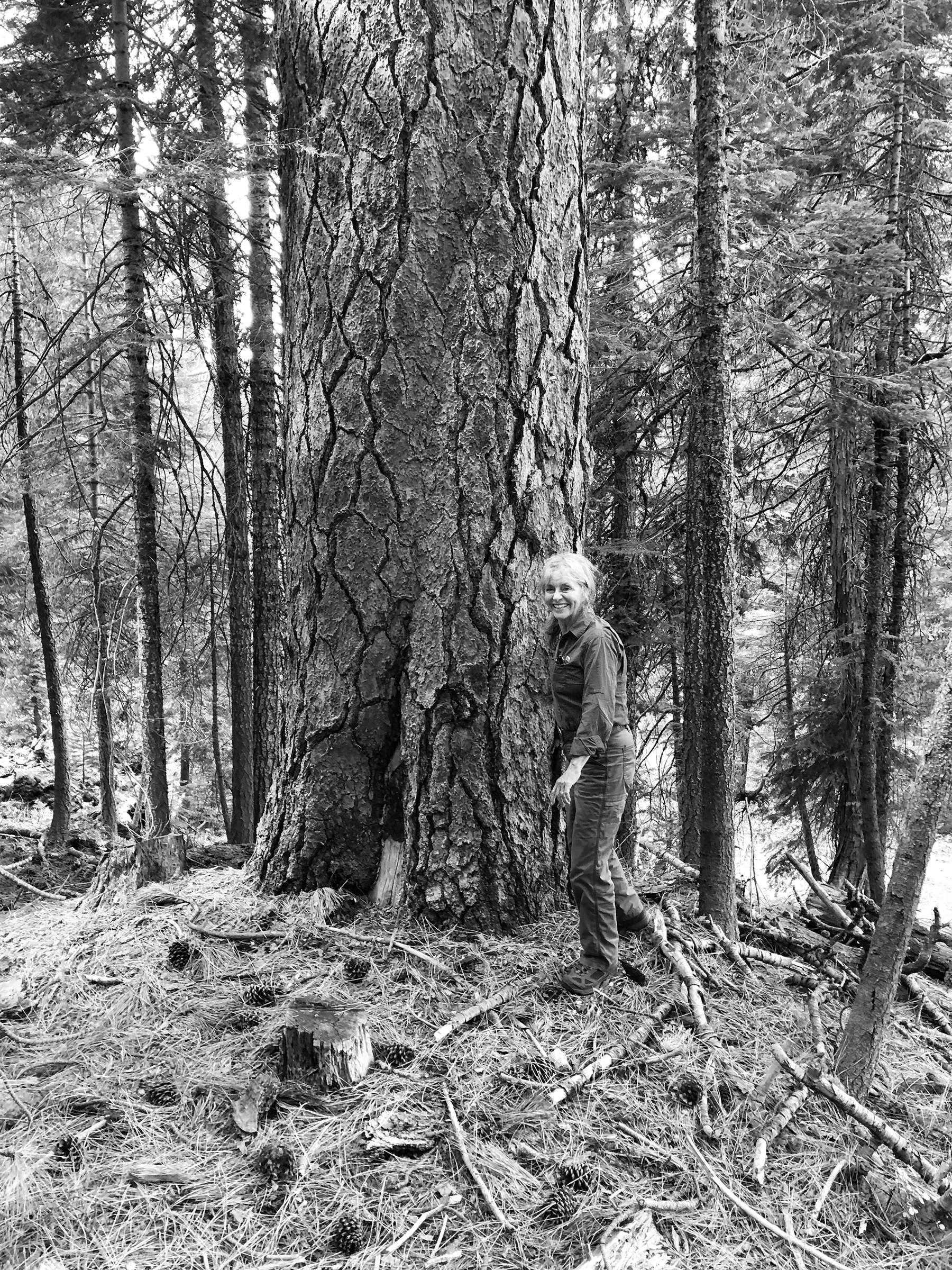 Marie Davis standing next to trees in a forest.