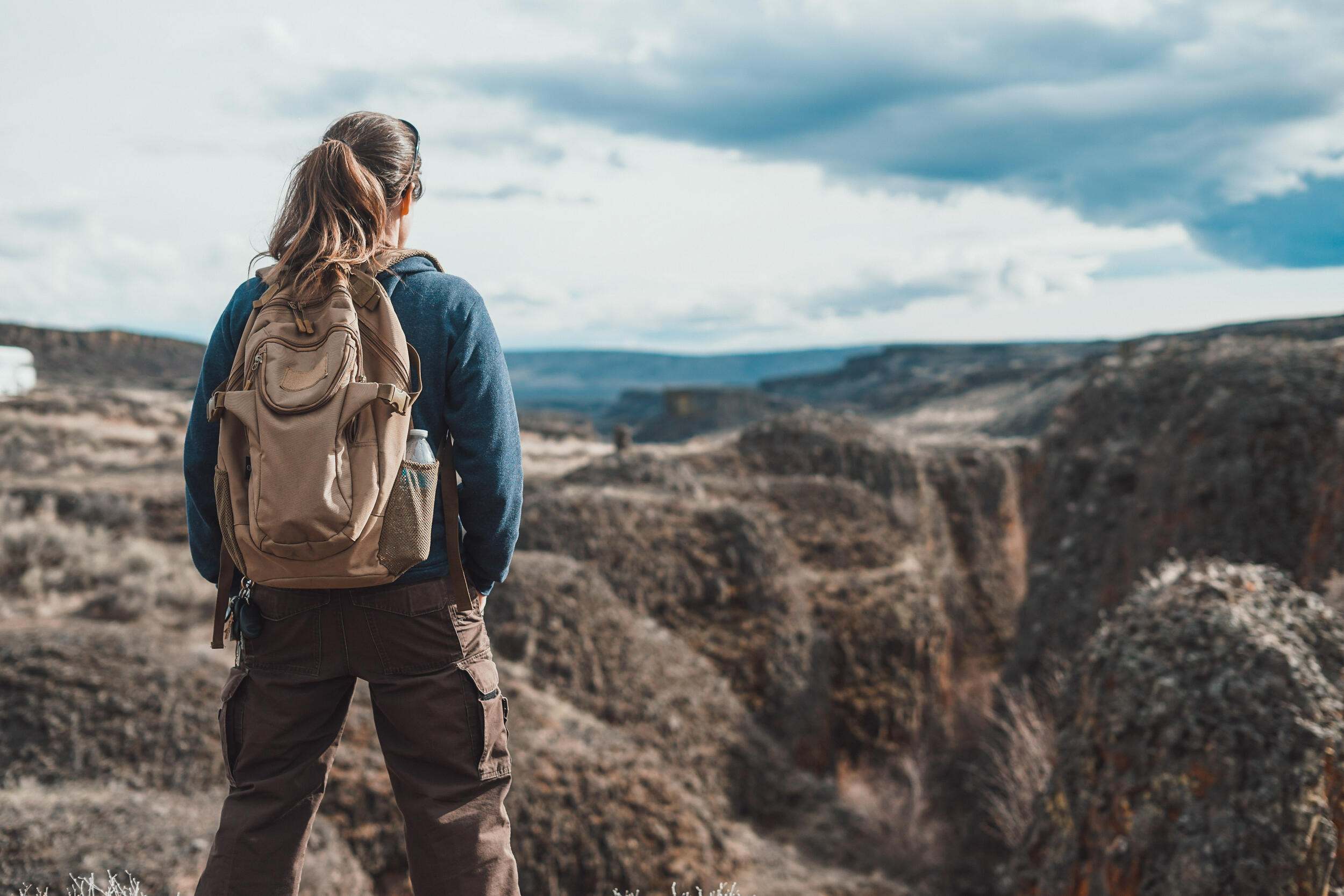 A person wearing a backpack stands and looks out across a rocky wilderness.