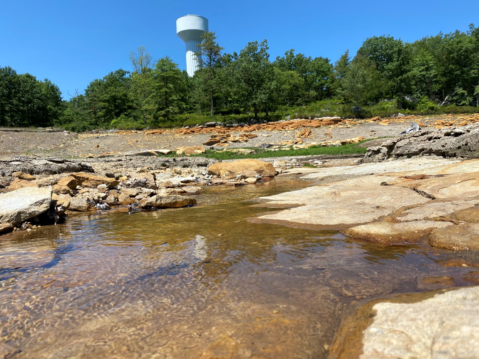 Water and bedrock are seen in a restored floodplain.