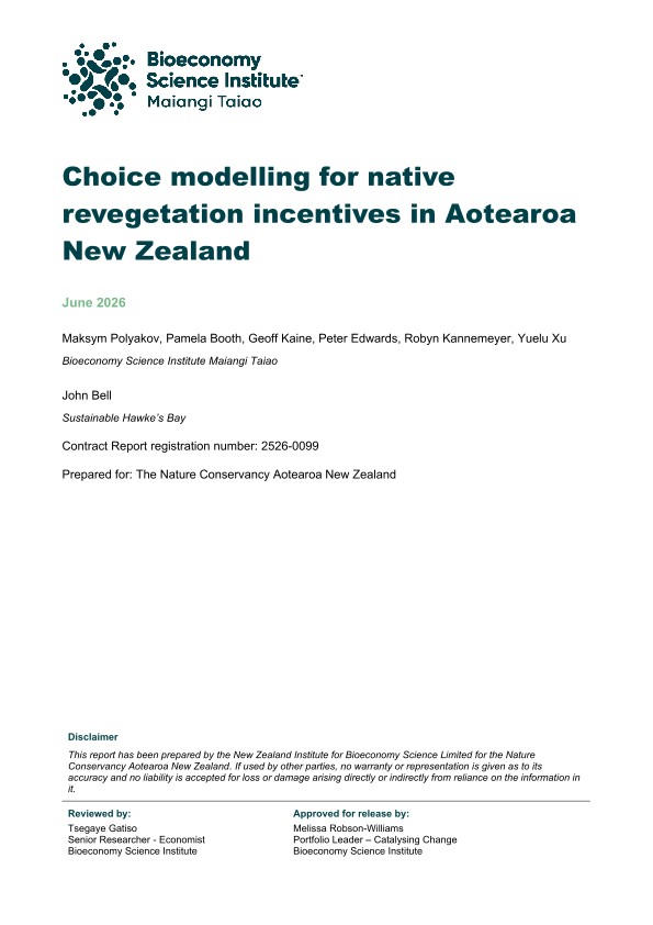 Cover of the Choice modelling for native revegetation incentives in Aotearoa New Zealand paper.