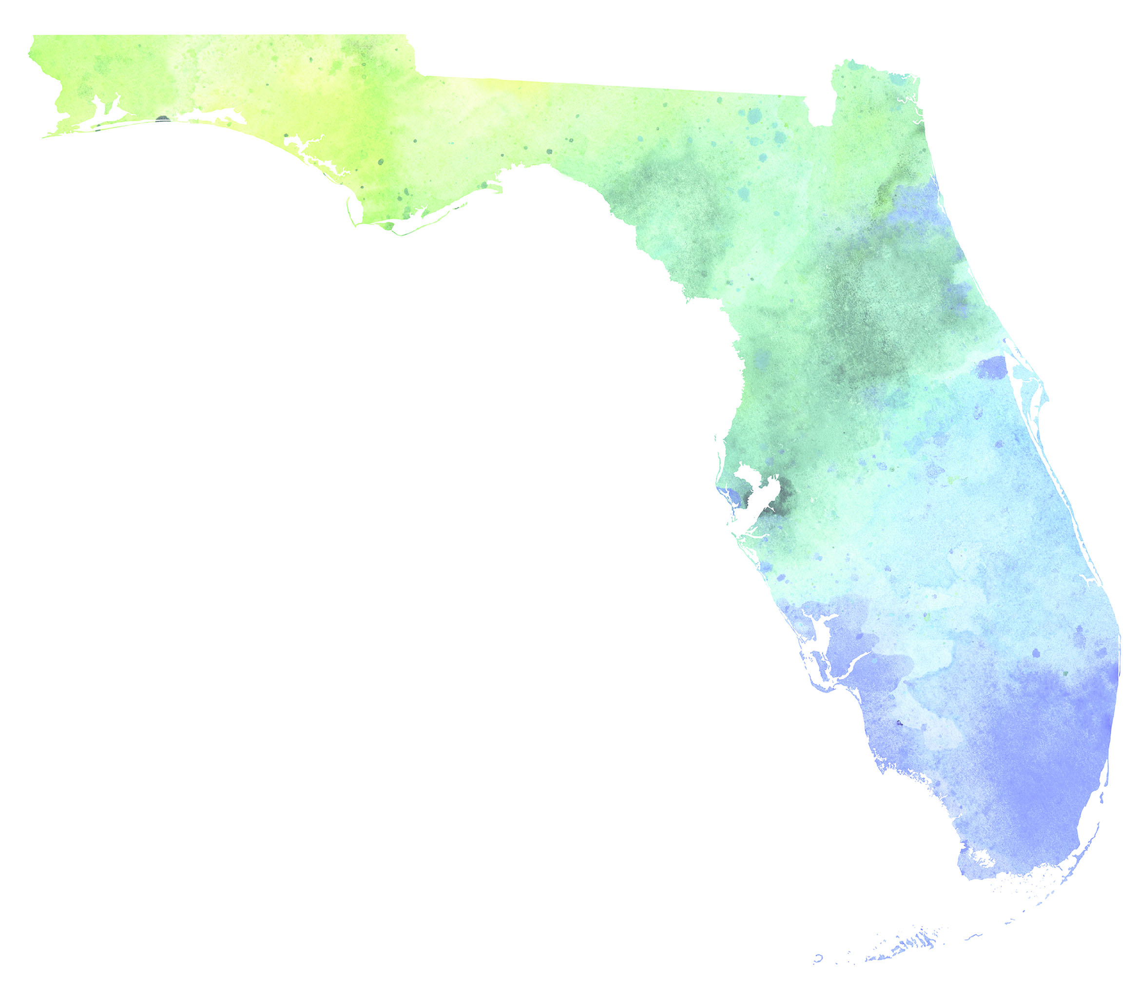 Pastel watercolor map of the state of Florida.