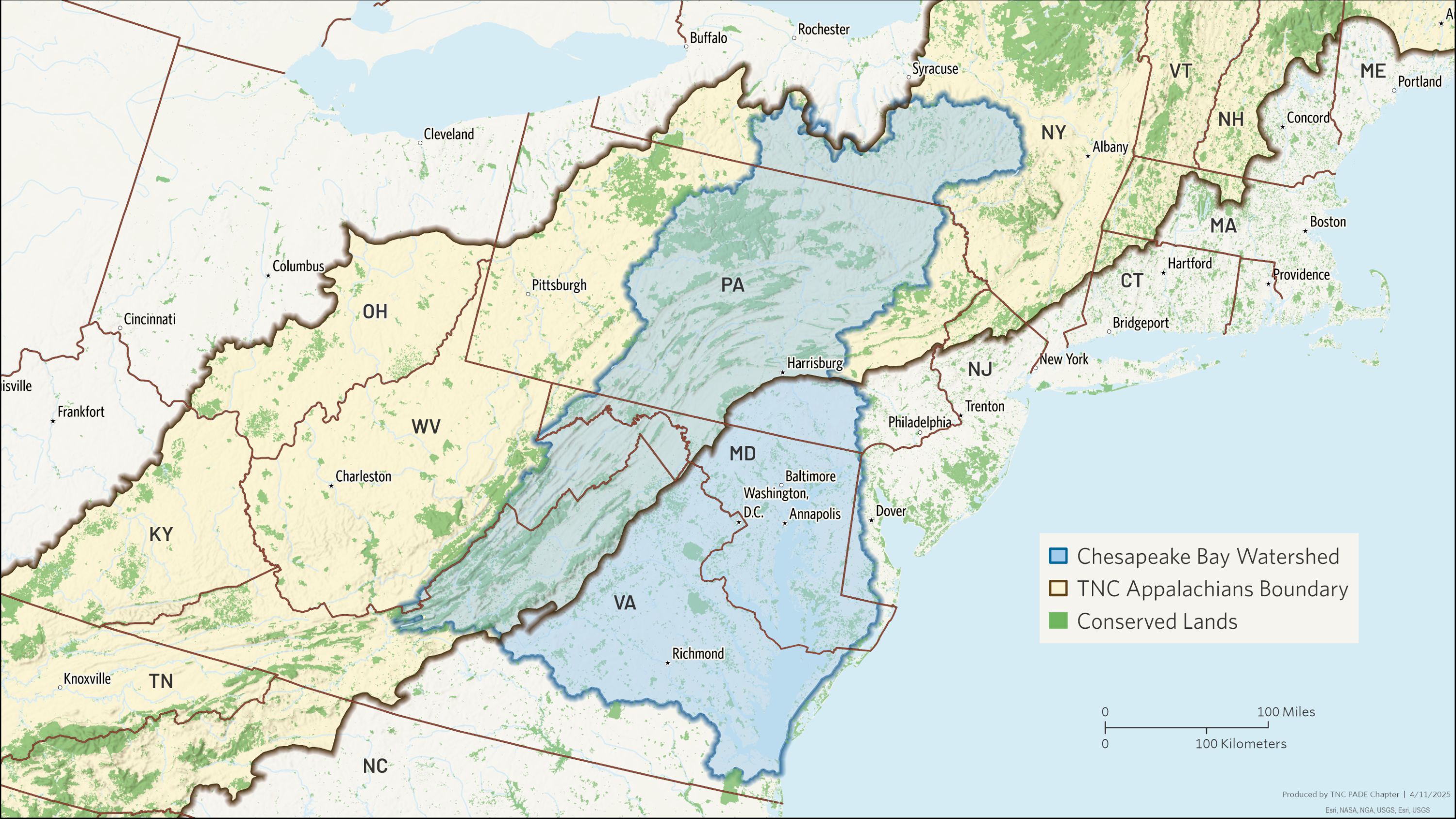 A map showing the Chesapeake Bay Watershed and how it overlaps with the Appalachians.
