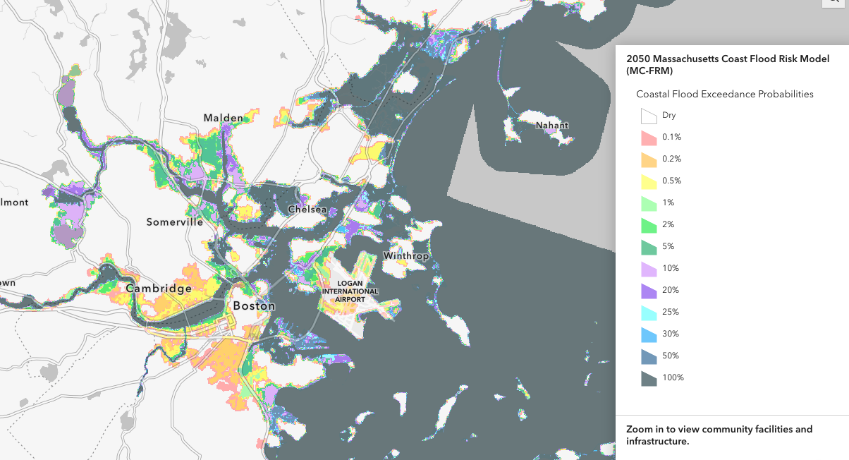 Screenshot of the coastal flooding tool showing a zoom in on Massachusetts' coast with predicted flooding in 2050.