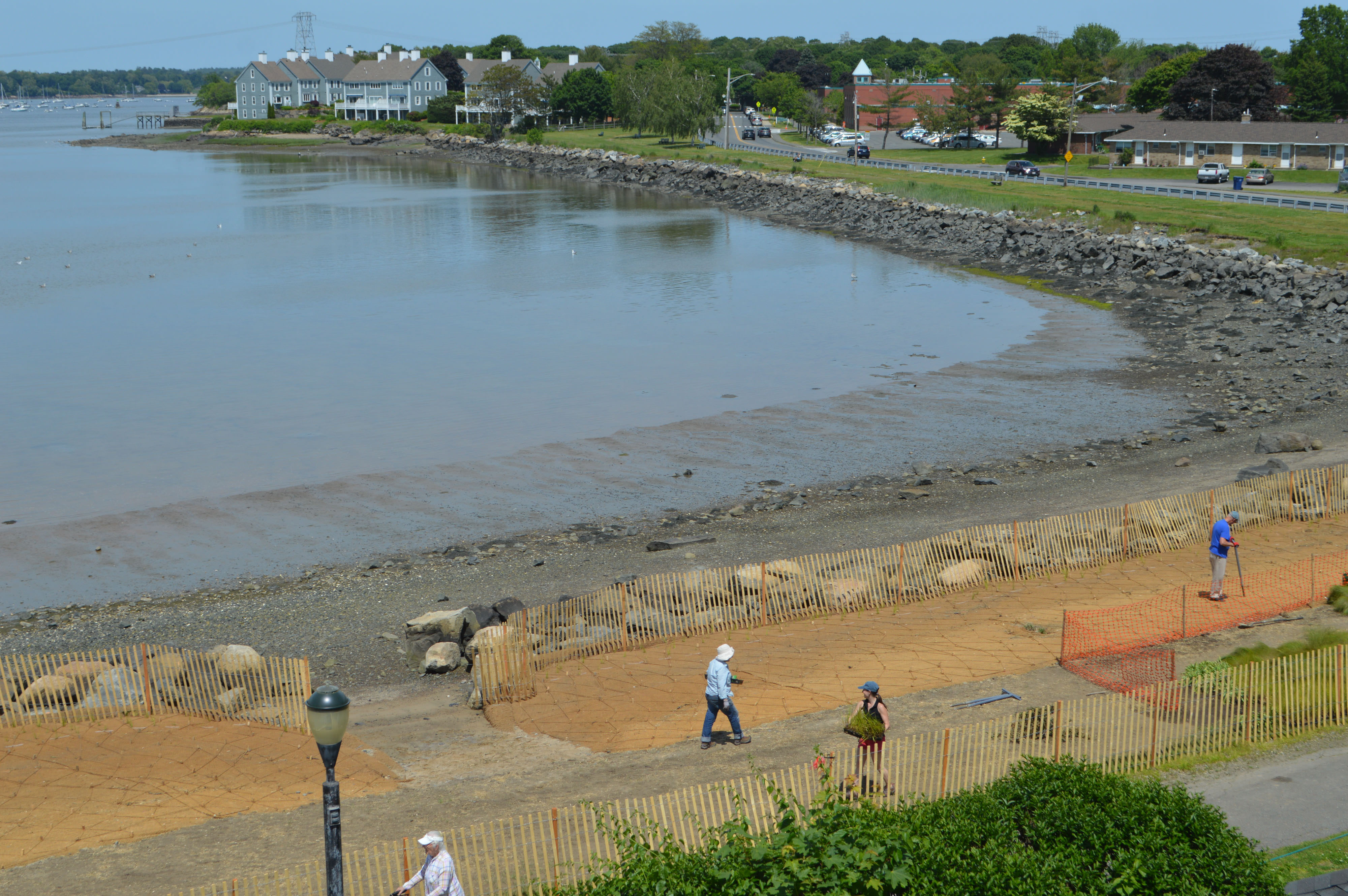 Aerial view of the living shoreline being built at Collins Cove. A fence separates the upper shoreline from the water. A coconut fiber mat is behind the fence, people plant marsh grass plugs in it.