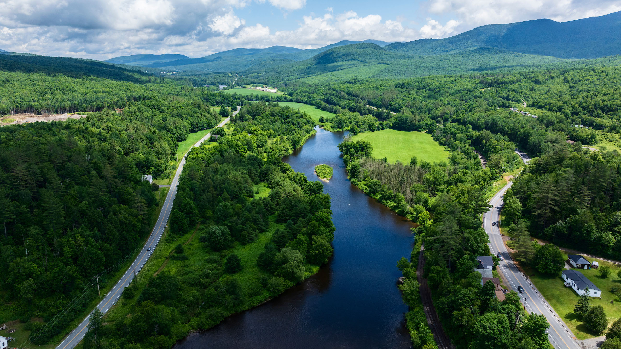 Aerial view of a river running through trees