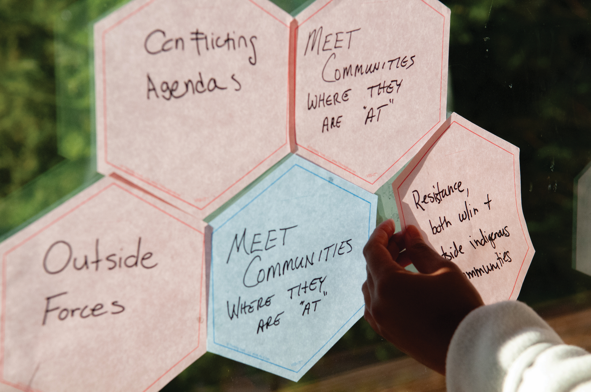 Closeup of a hand posting a large Post-it note on a glass surface next to other notes.