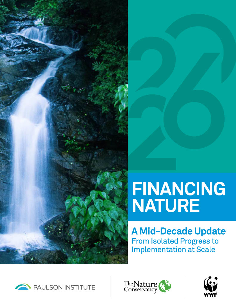 Photo of waterfall with title of report.