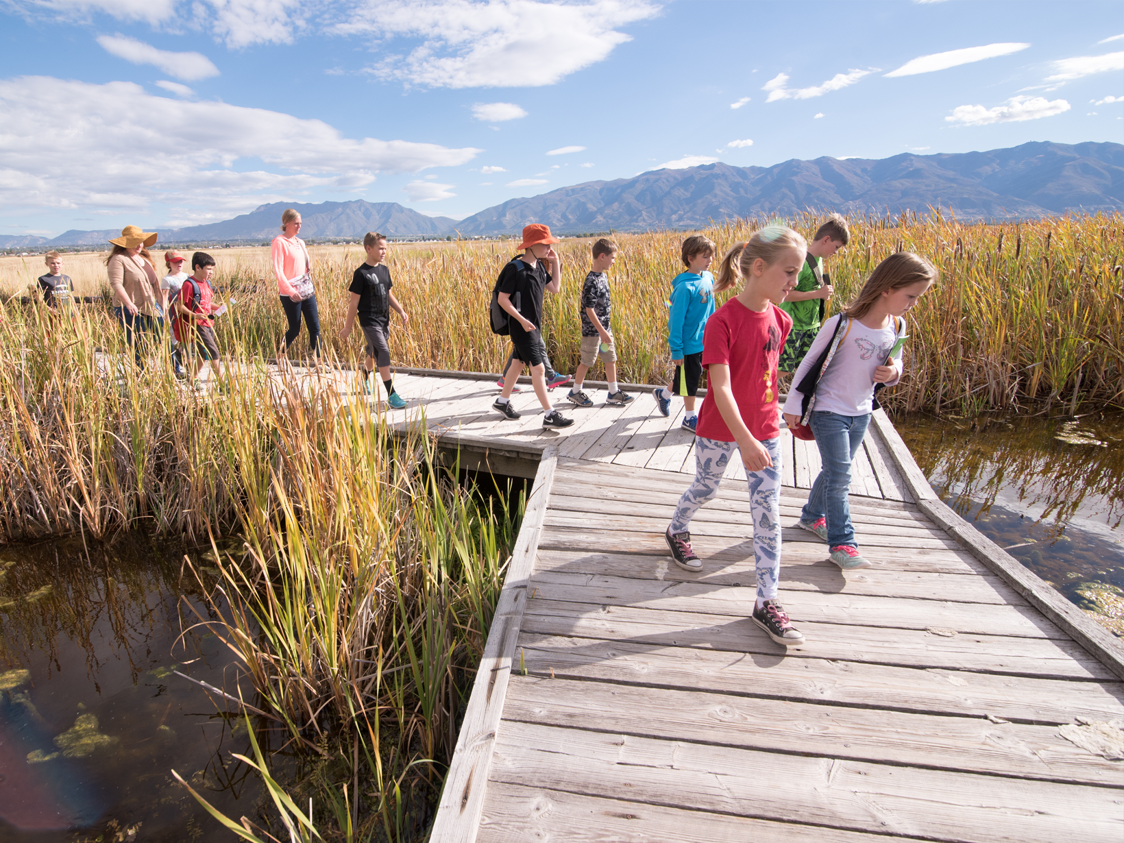 Students walk on boardwalk.