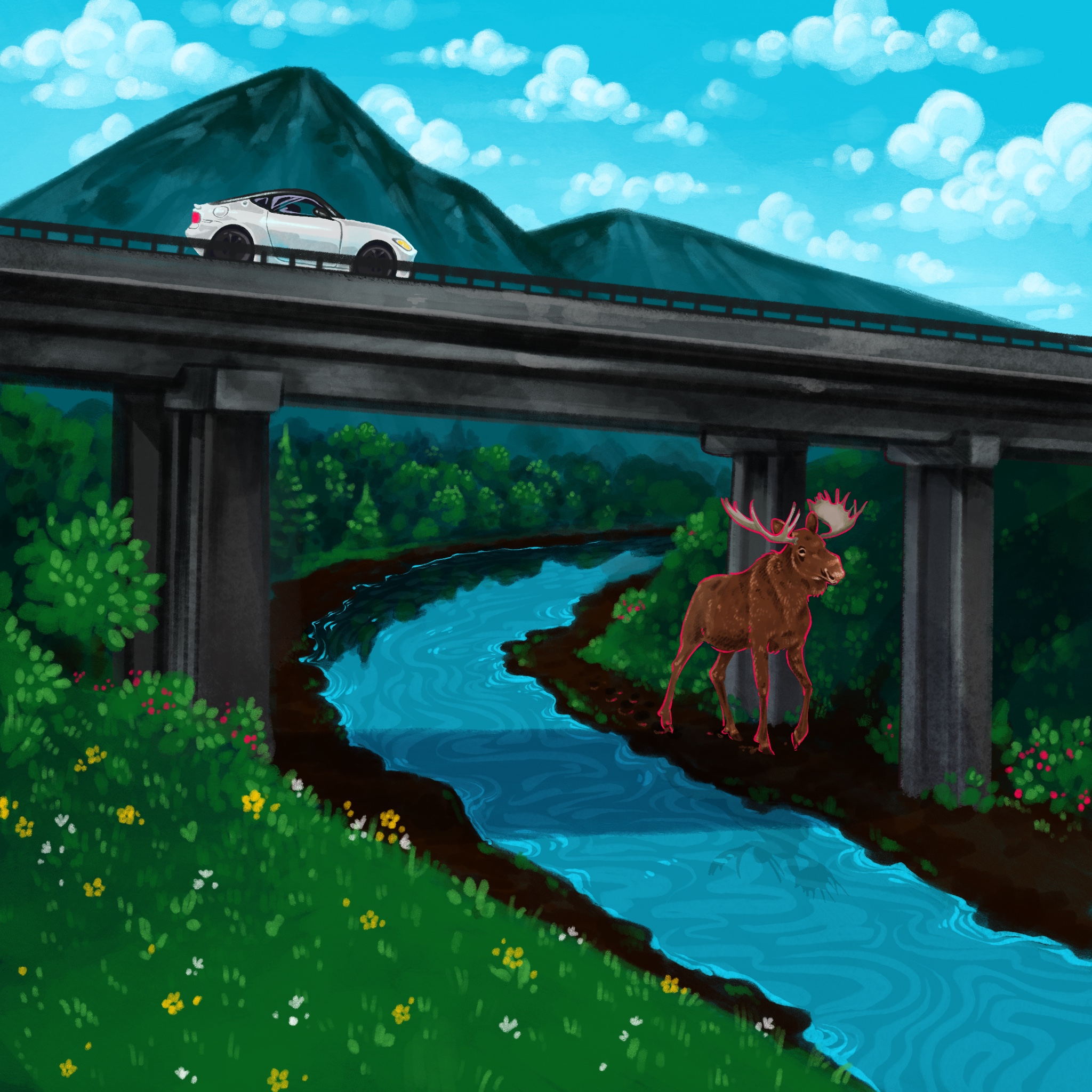 A colorful illustration of a moose standing beside a winding blue river under a tall highway bridge, with a white car traveling along the bridge and mountains in the background.