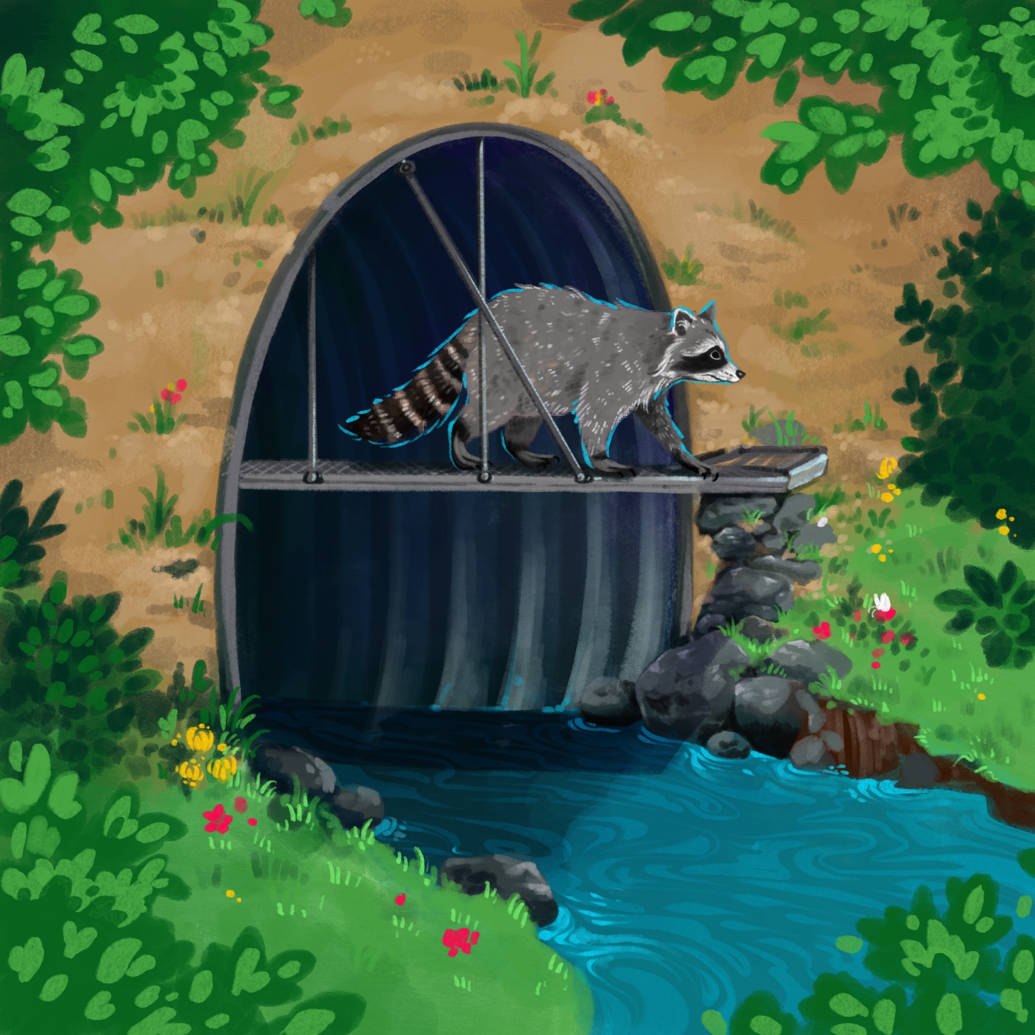 An illustration features a raccoon walking along a metal wildlife shelf inside a rounded culvert above a flowing blue stream, surrounded by lush greenery.