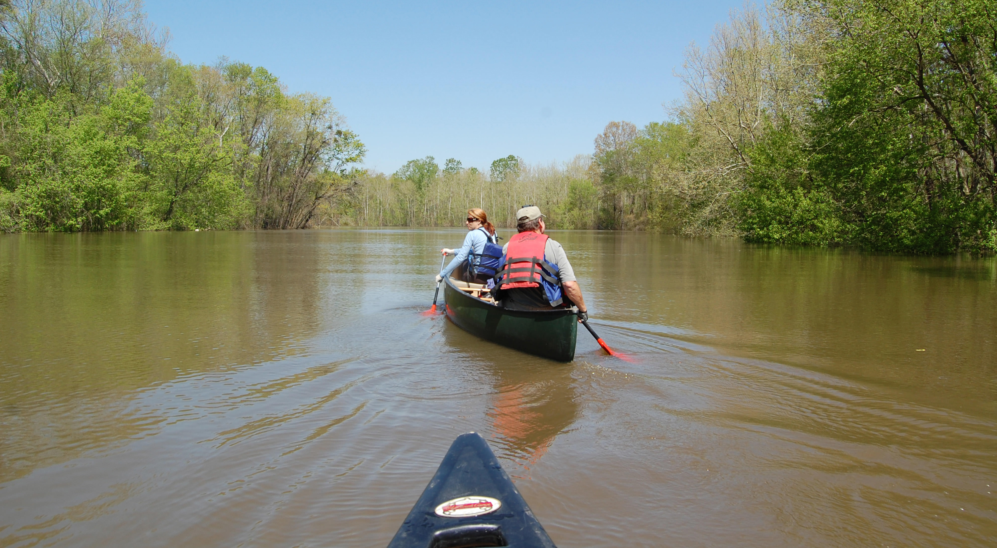 People canoeing down a river. 