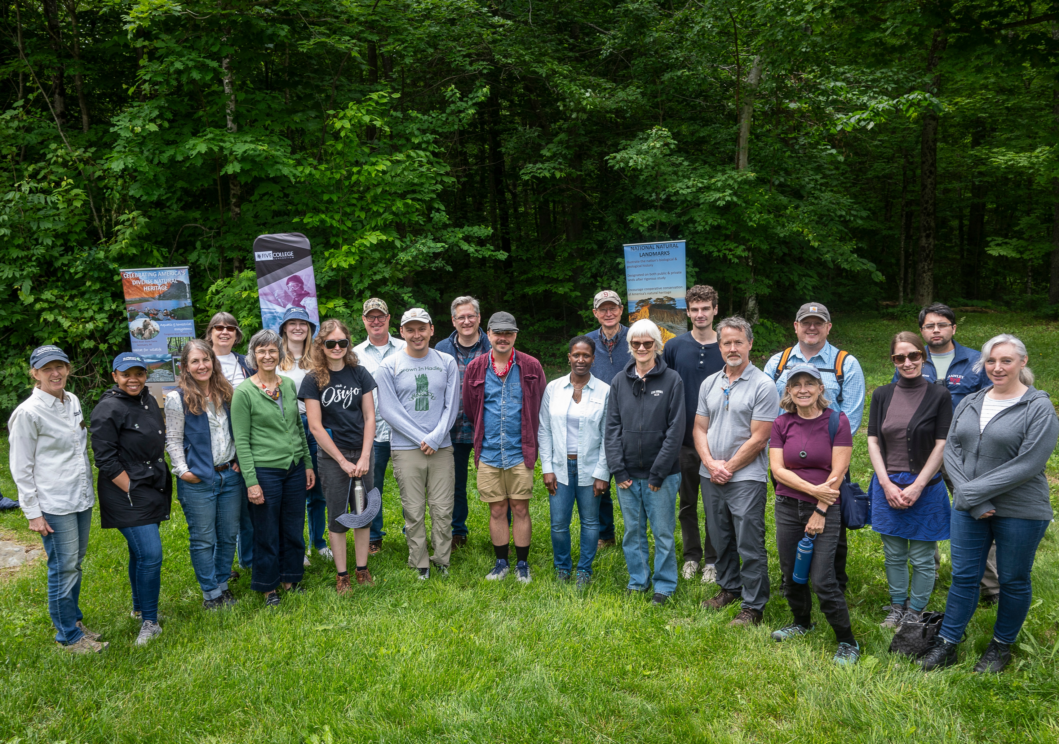 Group photo of attendees at an anniversary celebration at Hawley Bog Preserve in Hawley, Massachusetts. 