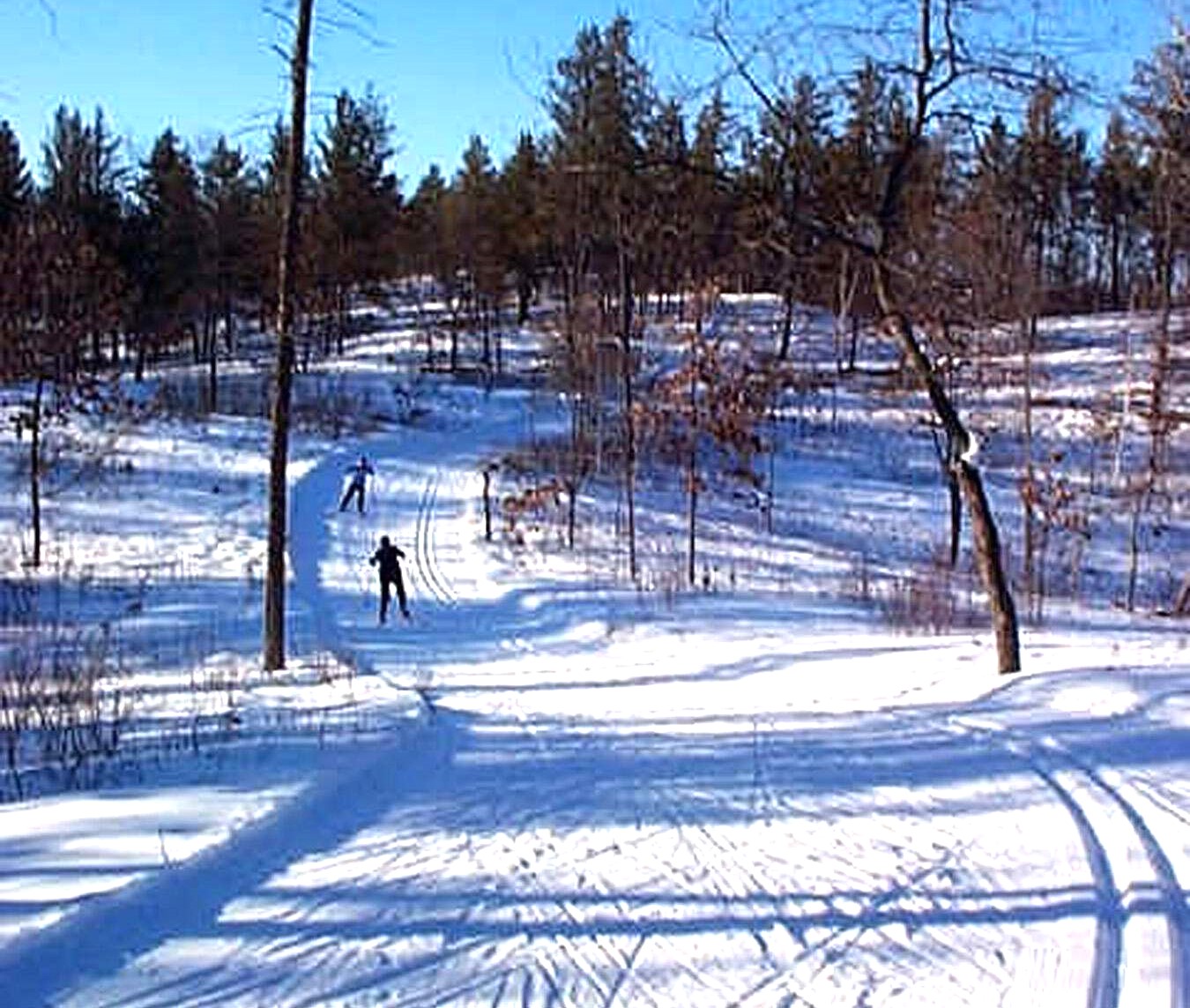 Two people follow a snowy trail on skis.