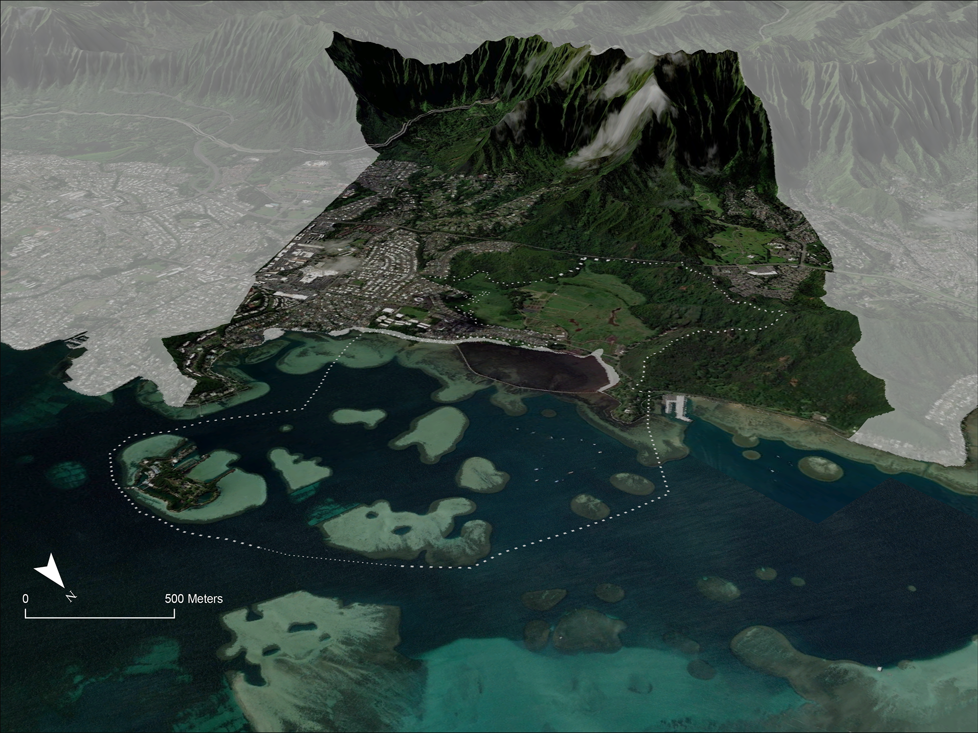 Satellite image of He‘eia ahupua‘a, with transparent white shading over surrounding areas.