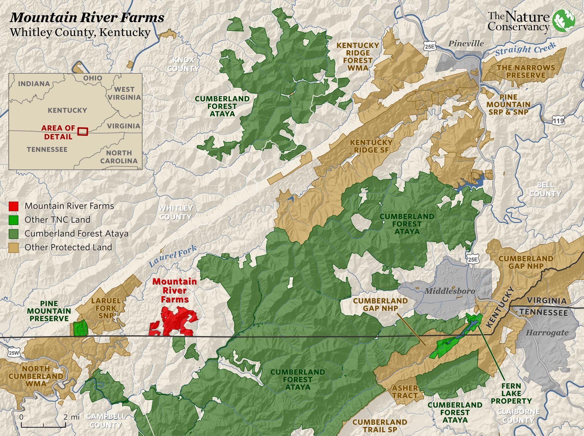 A color coded map of Whitley County, Kentucky, showing land protection projects.