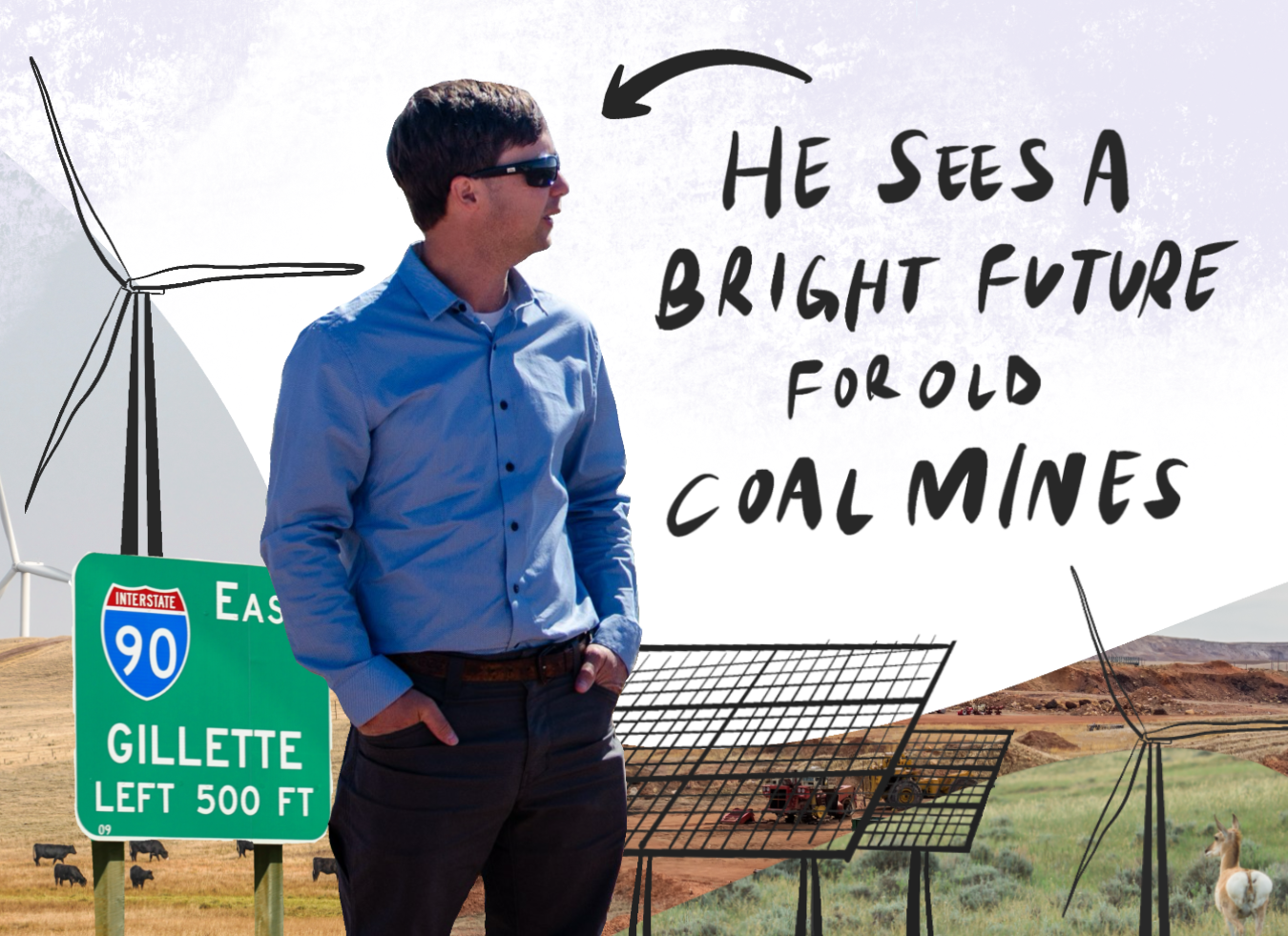 Justin standing and surrounded by drawings. 