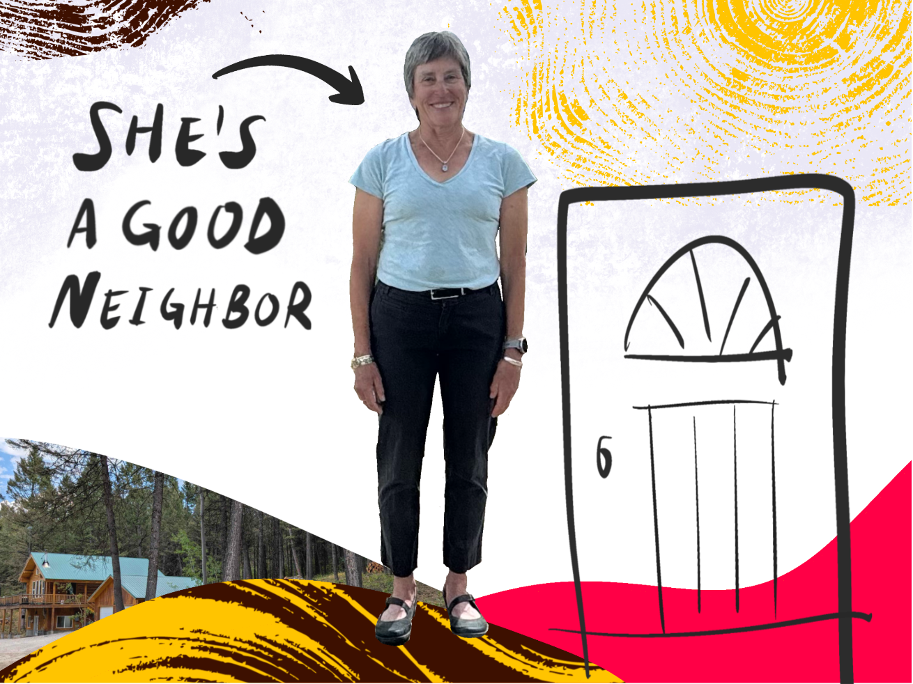 Liz Davy surrounded by drawings. 