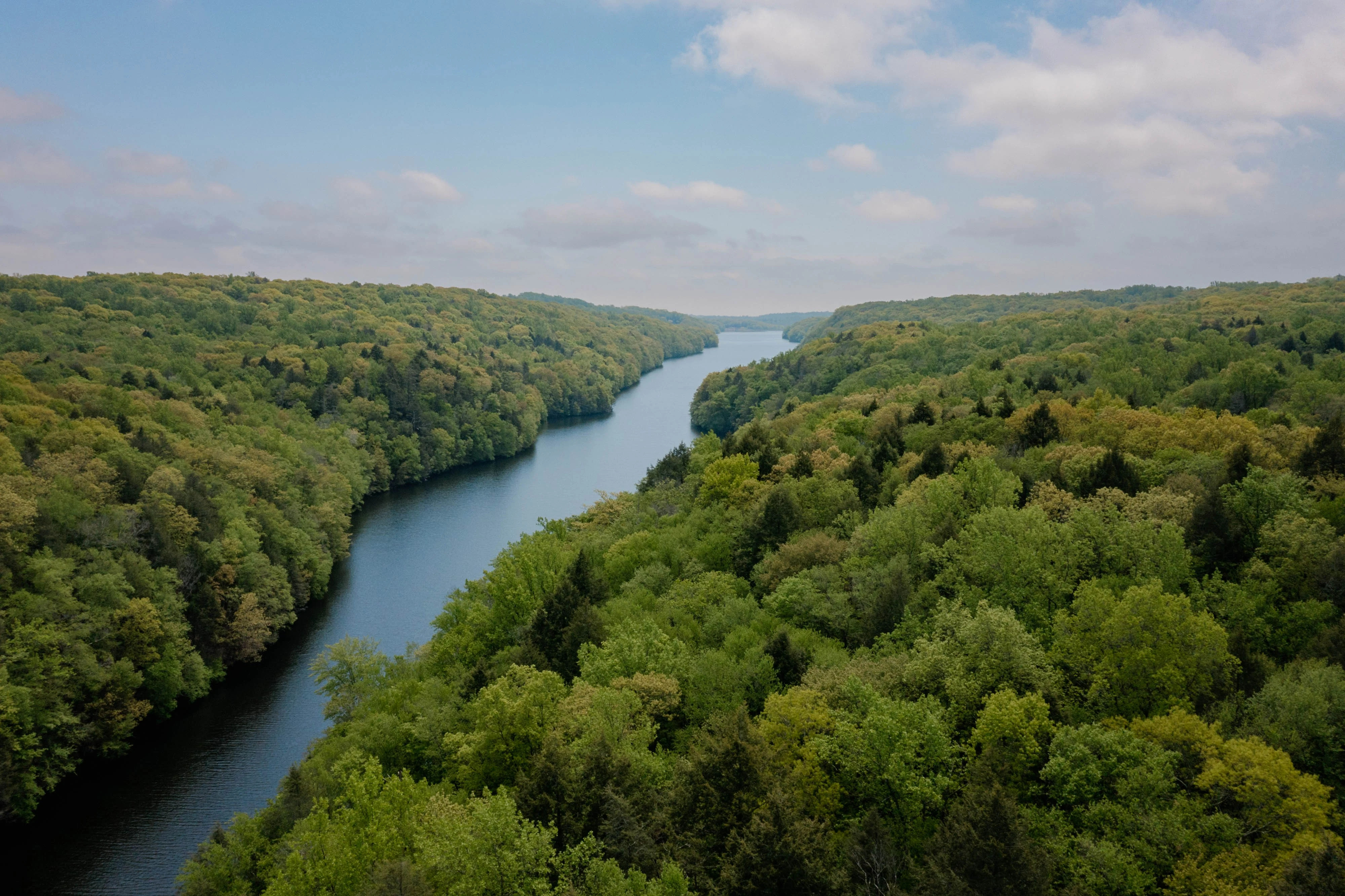 an aerial view of a river cutting through a lush green forest.