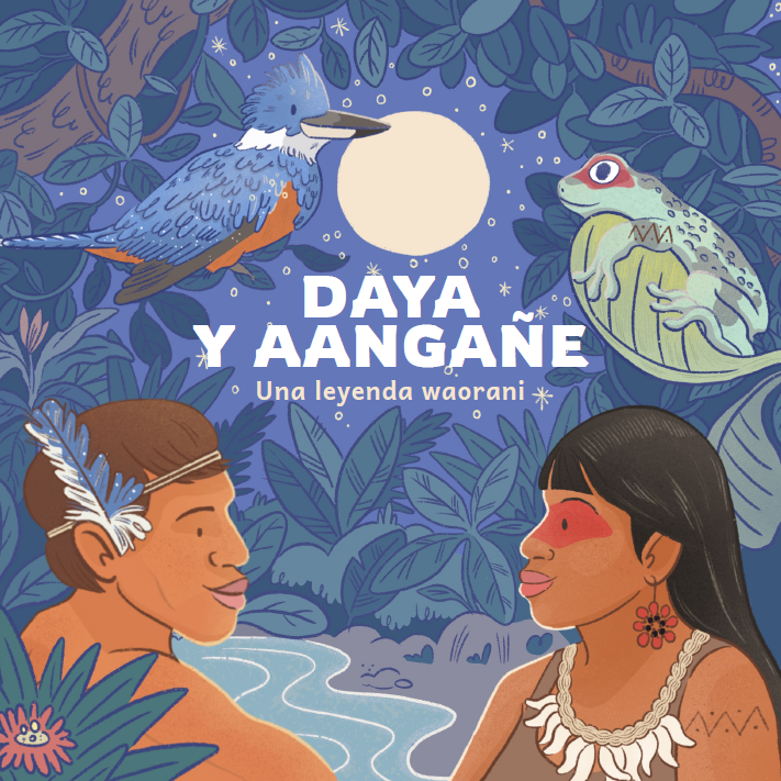 Portada de "Daya y Angane", una historia romántica que presenta a una pareja en un tierno abrazo con un paisaje pintoresco de fondo.