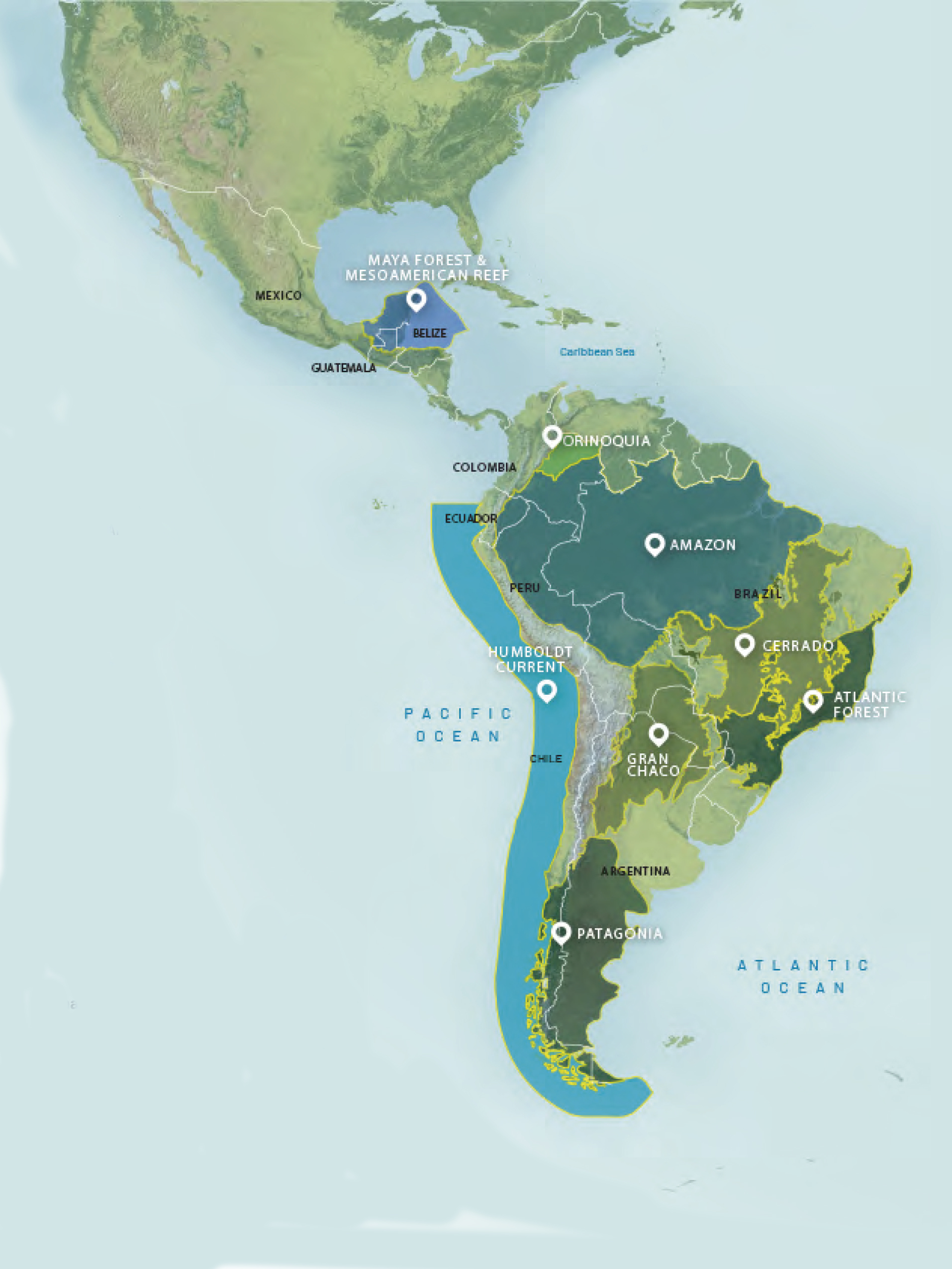 Map showing the eight Iconic Places where TNC Latin America works in the region. 