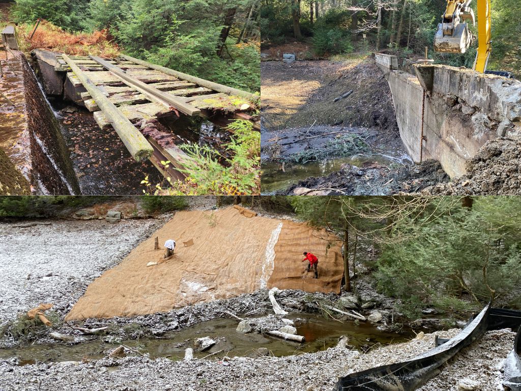 A collage of three images show Becker Pond dam before, during and after it was removed. 