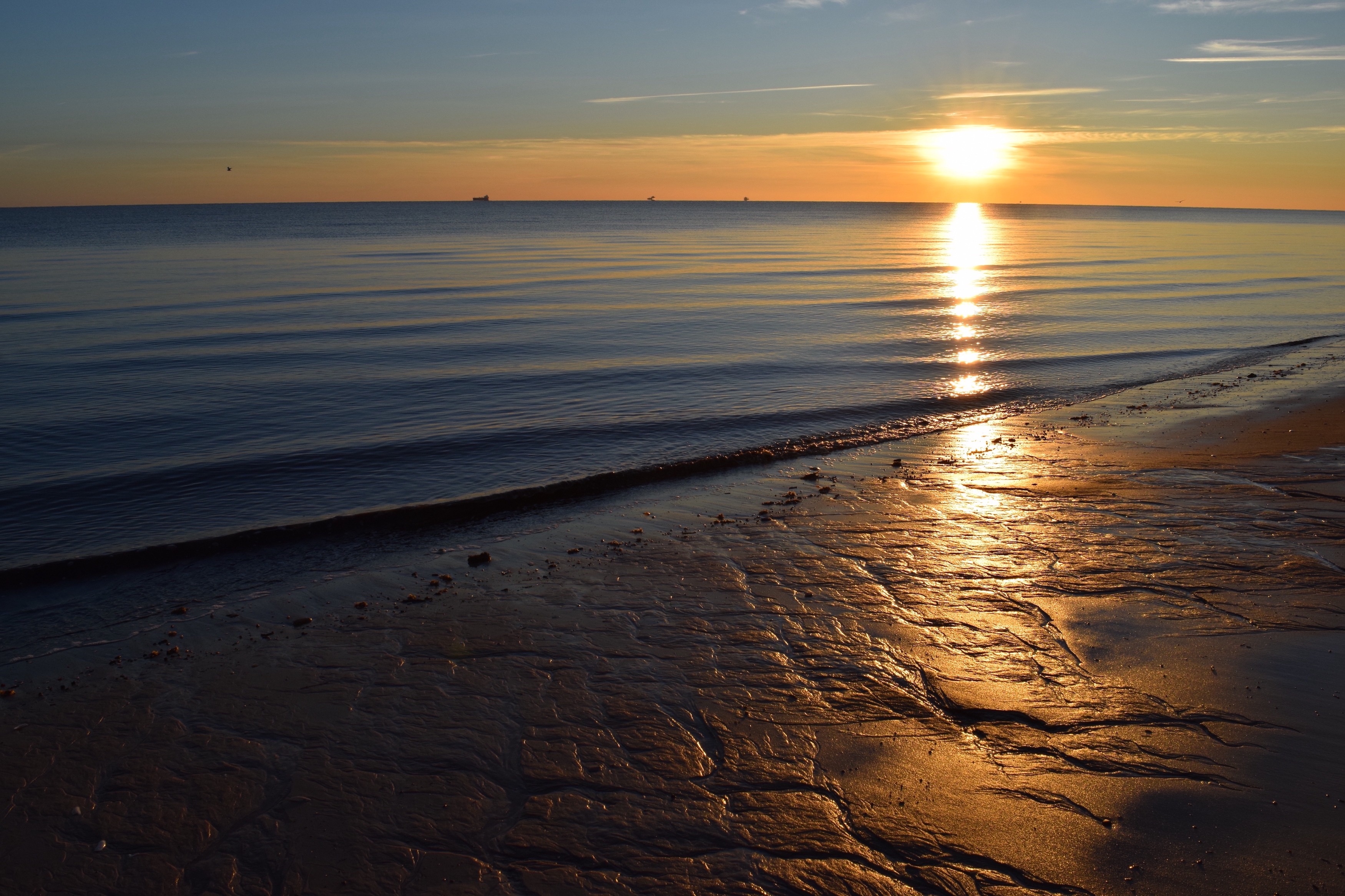 Sunset over the ocean. The sun hangs suspended just above the water, partially obscured by a large white cloud. Clumps of grasses line the beach in the foreground.