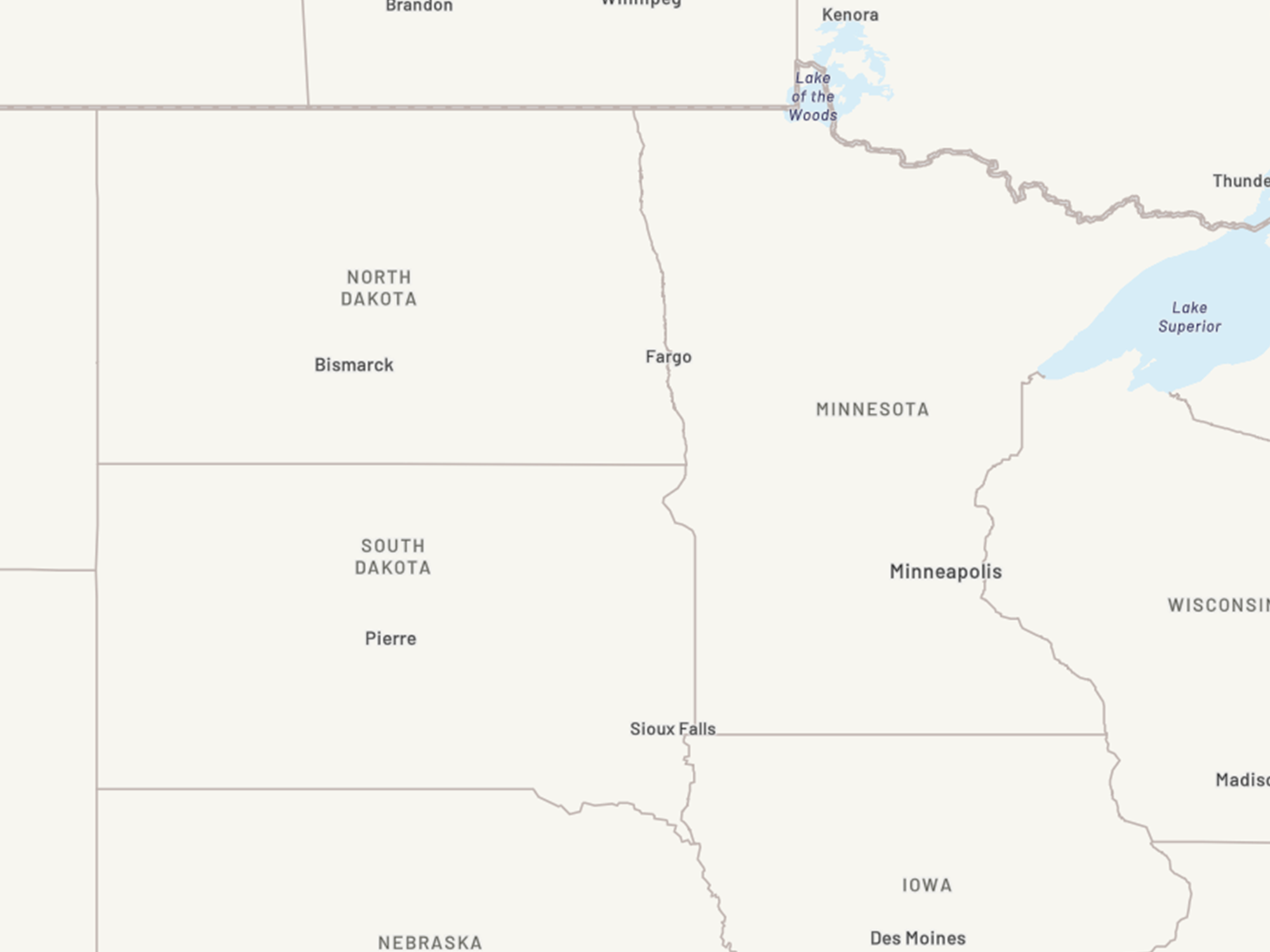 Map of Minnesota, North Dakota and South Dakota.