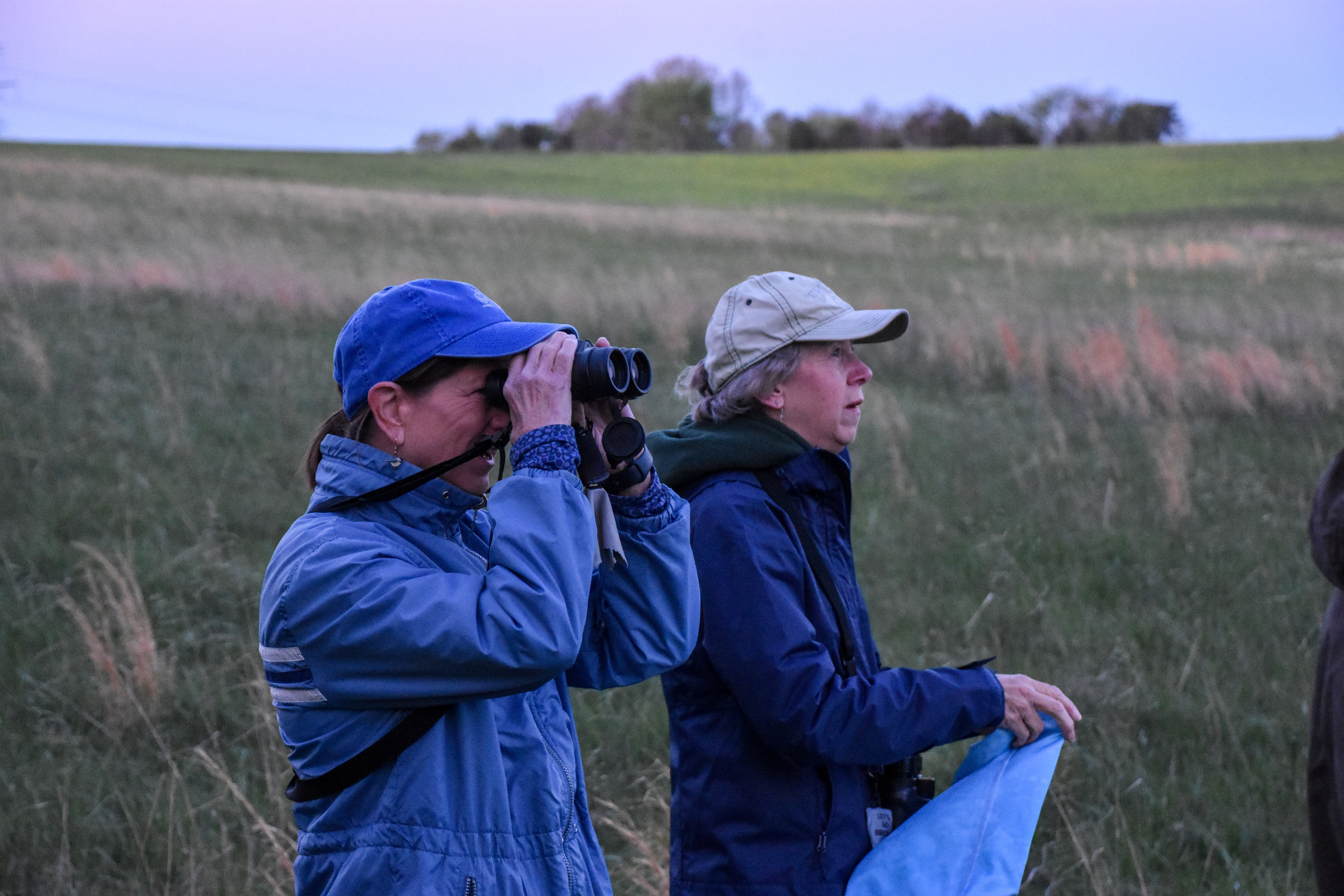 Two people stand in a field and look through binoculars.