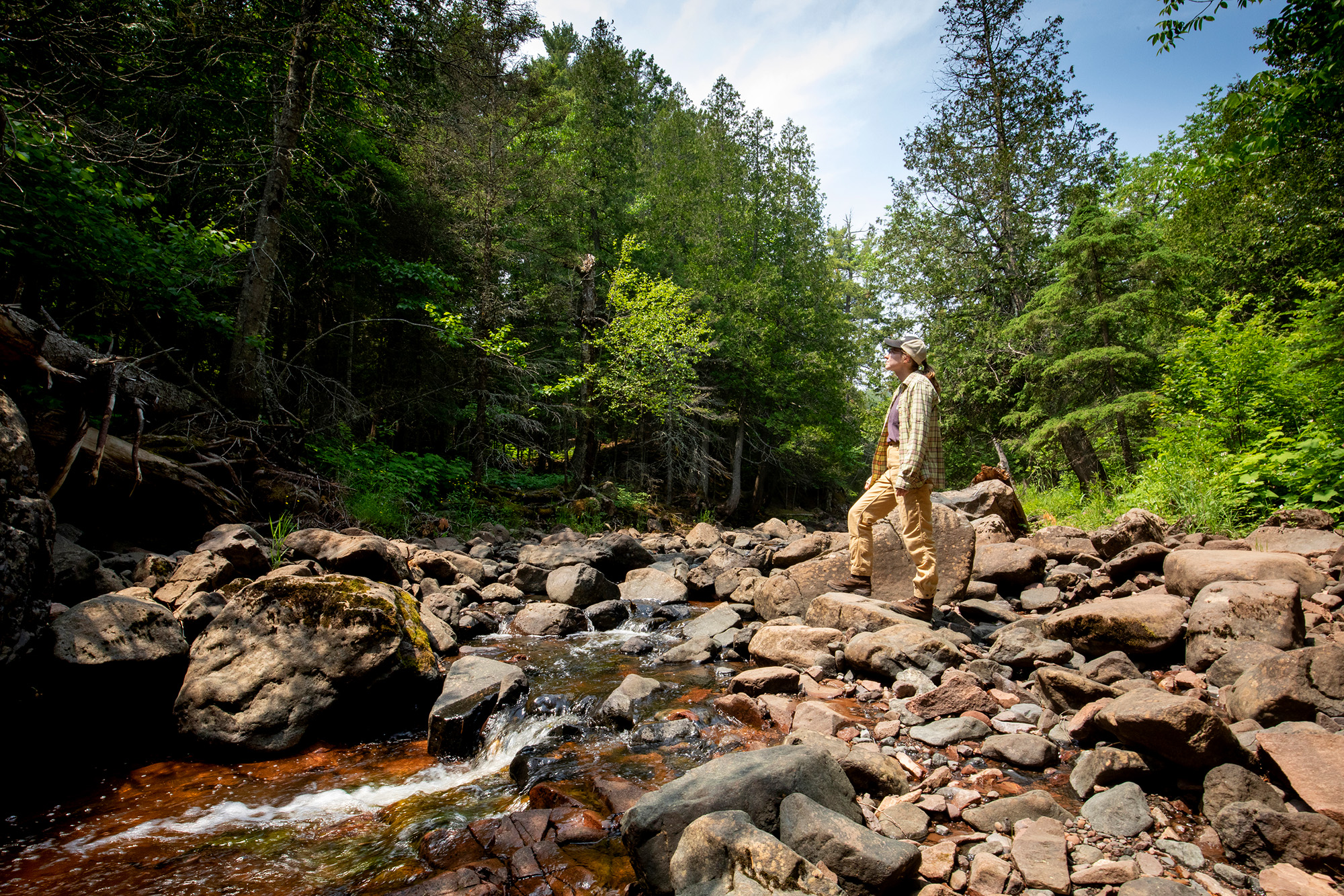 A person hiking in the Northwoods.