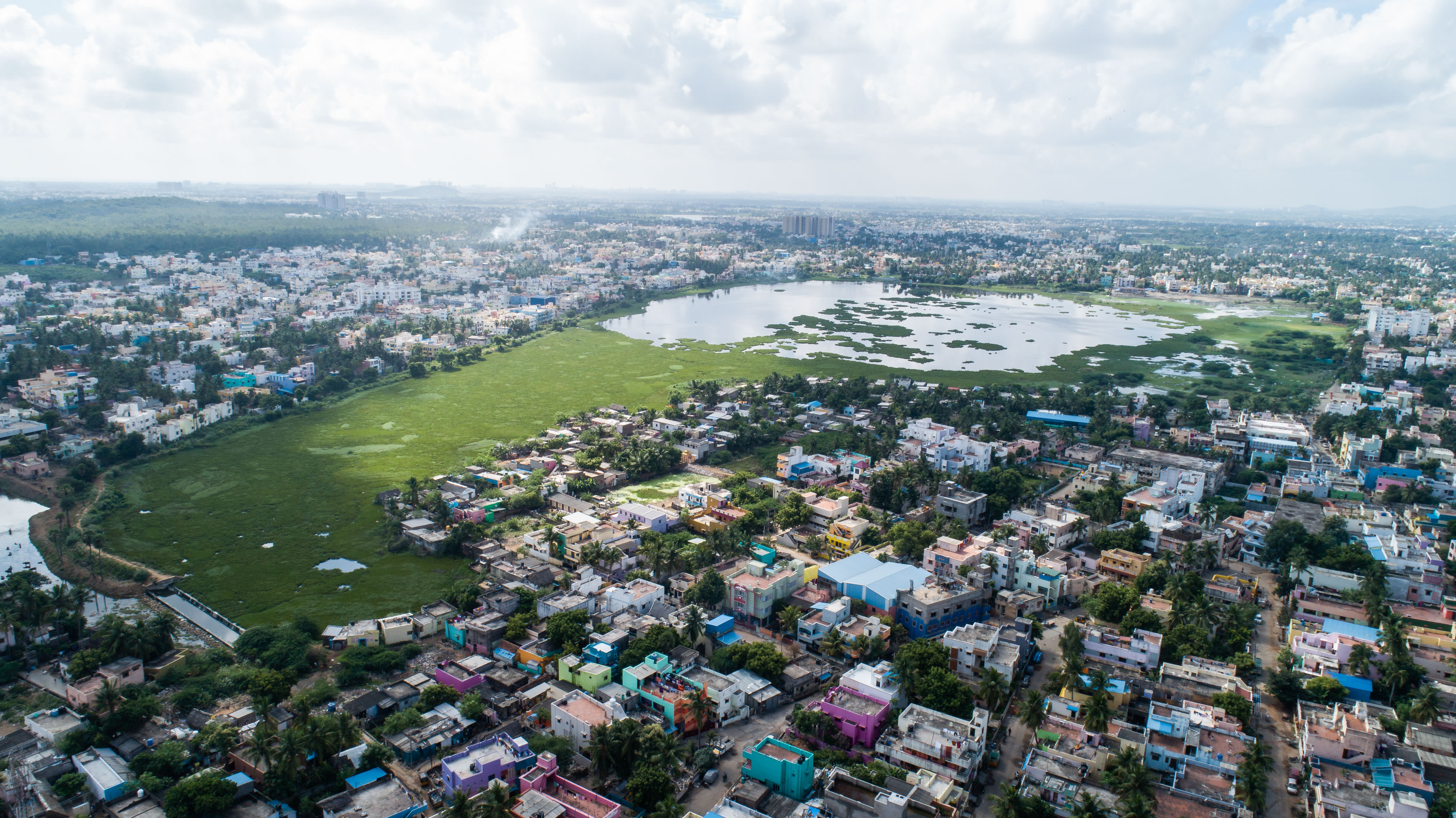 An aerial city view of Lake Sembakkam.