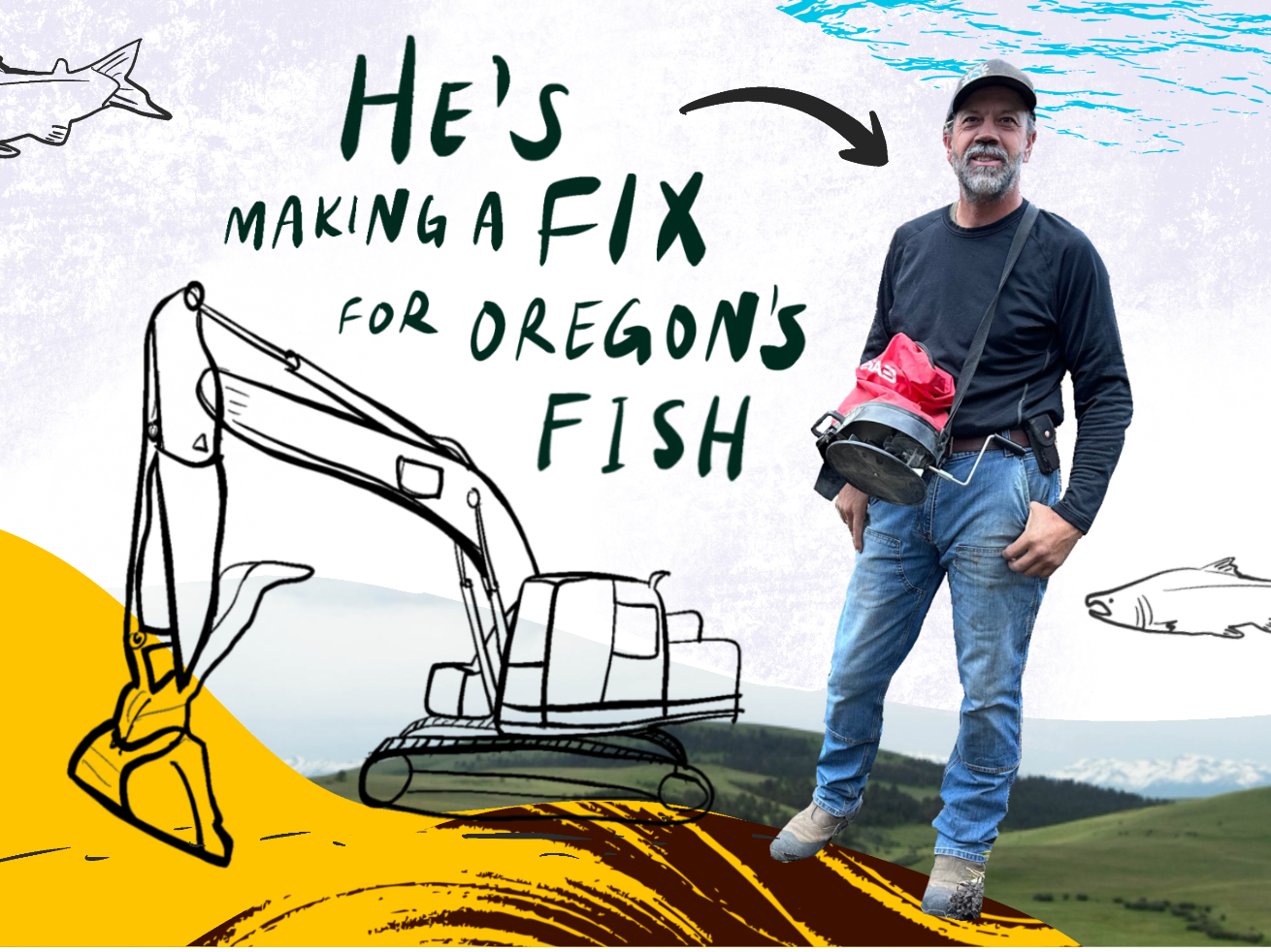 Ron King standing against illustrations. 