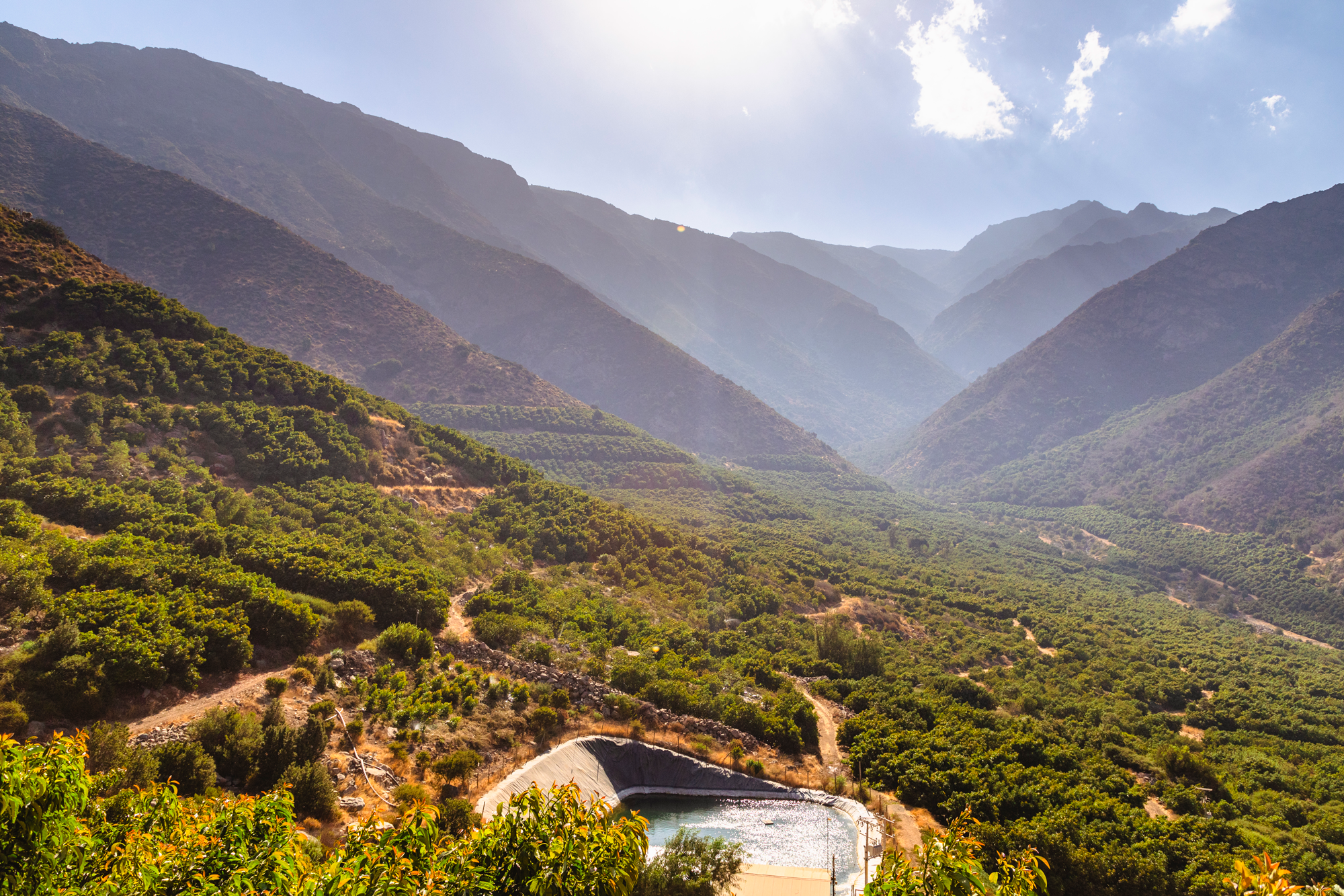 View of a wide valley among forested mountains.