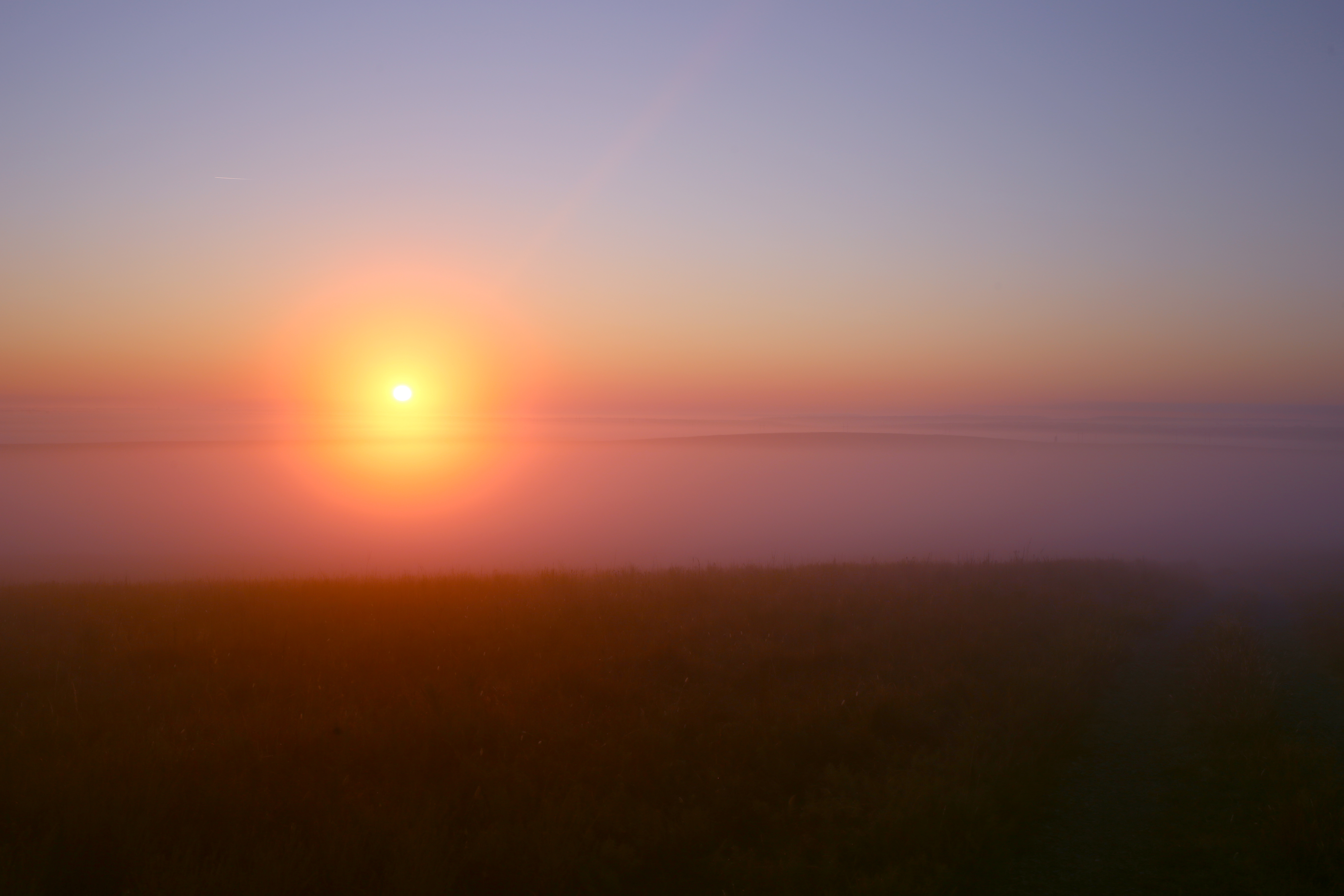 A pink and red hued sunrise over prairie grasses, shrouded in haze.