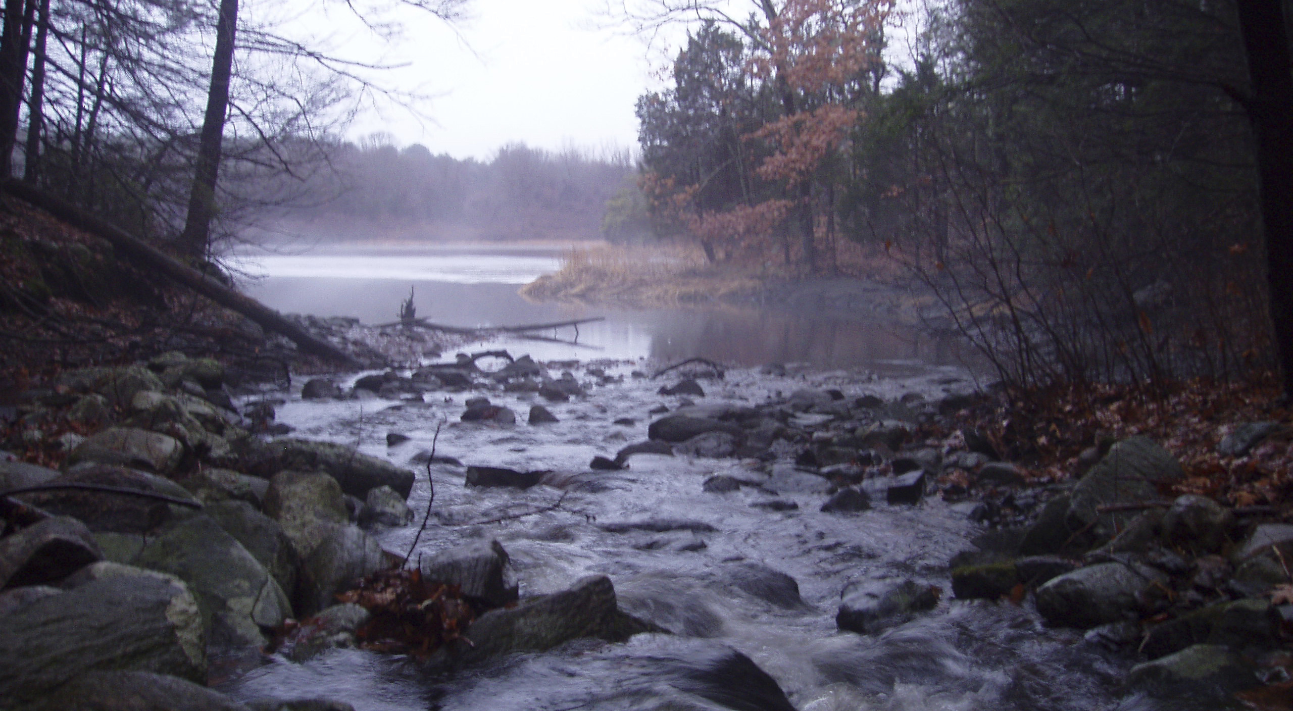 Clear waters flow over a rocky stream.