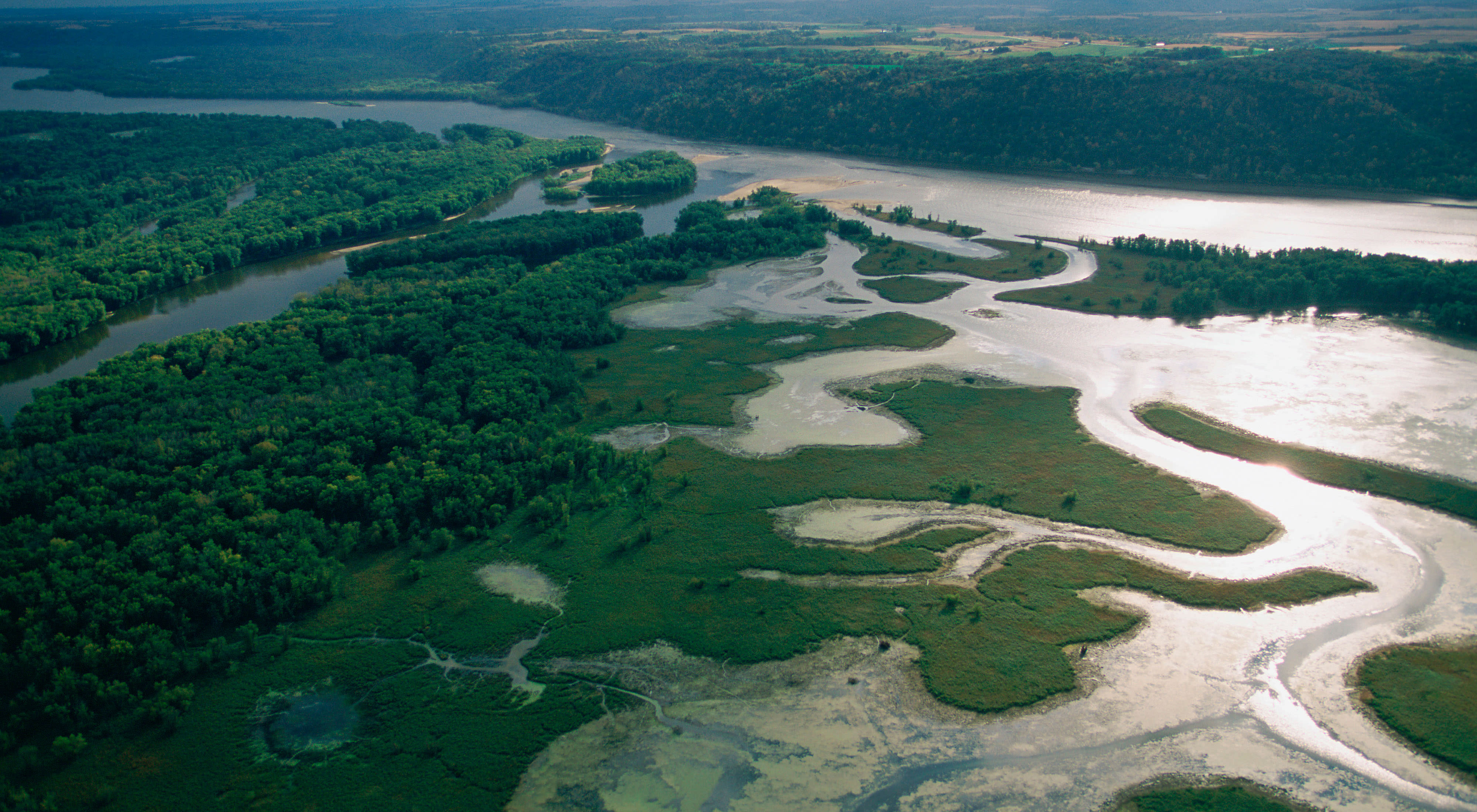 Aerial landscape of river confluence. 