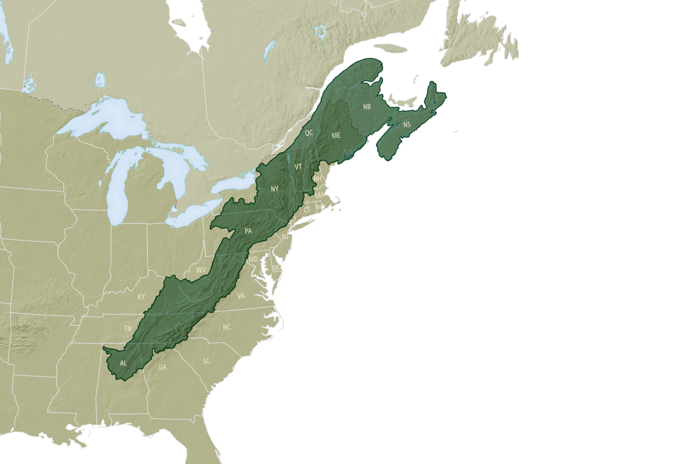 A map of the east coast showing the Appalachian mountain range in dark green.